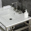 Kingston Brass Quadras 31" Ceramic Console Sink with Steel Base and Shelf (8-Inch, 3-Hole), White/Brushed Nickel (VWP3122W8A8)