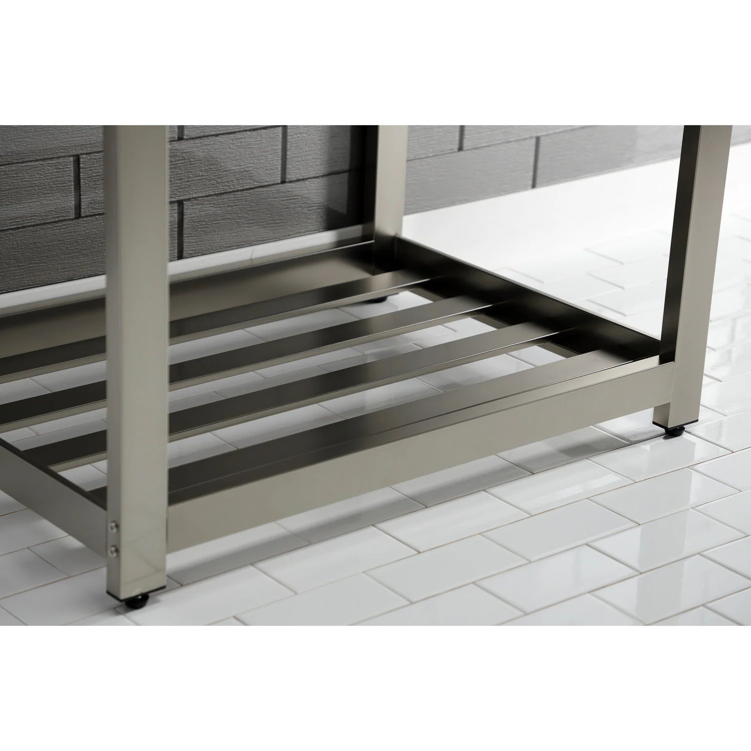 Steel console sink base shelf with open slats, white ceramic top edge