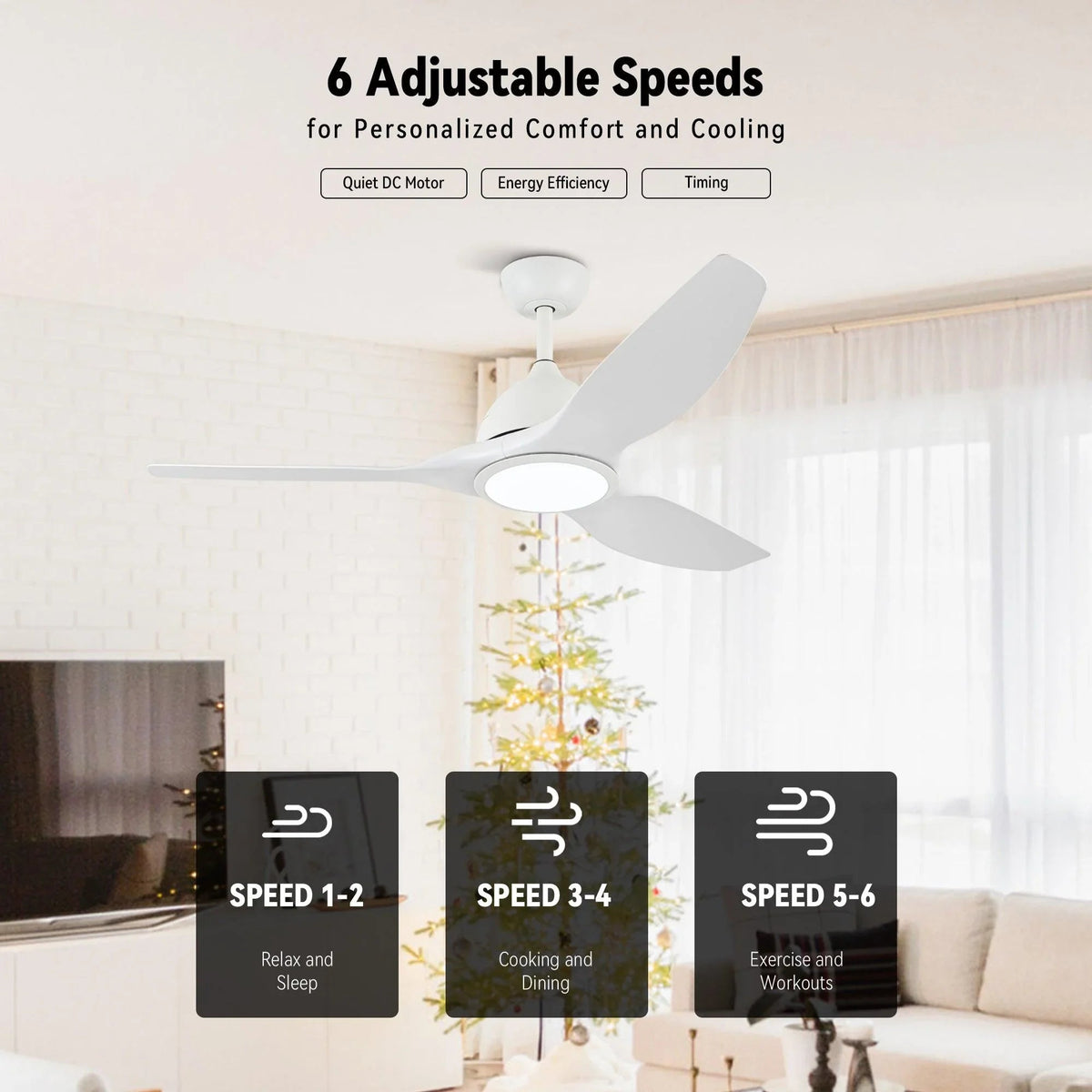 White 3-blade ceiling fan with LED light and remote showing adjustable speeds