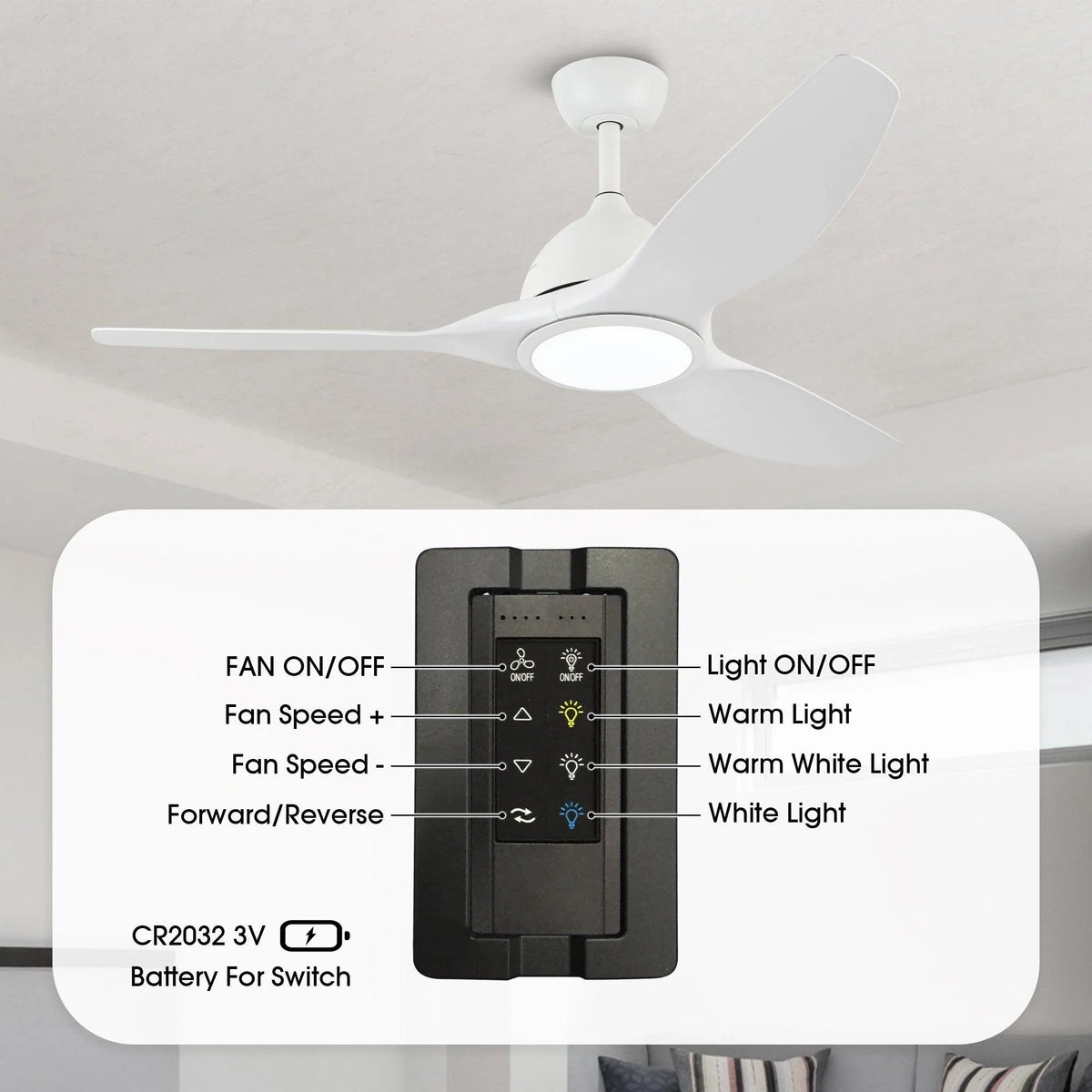 White ceiling fan remote with controls for fan speeds and warm white/white light