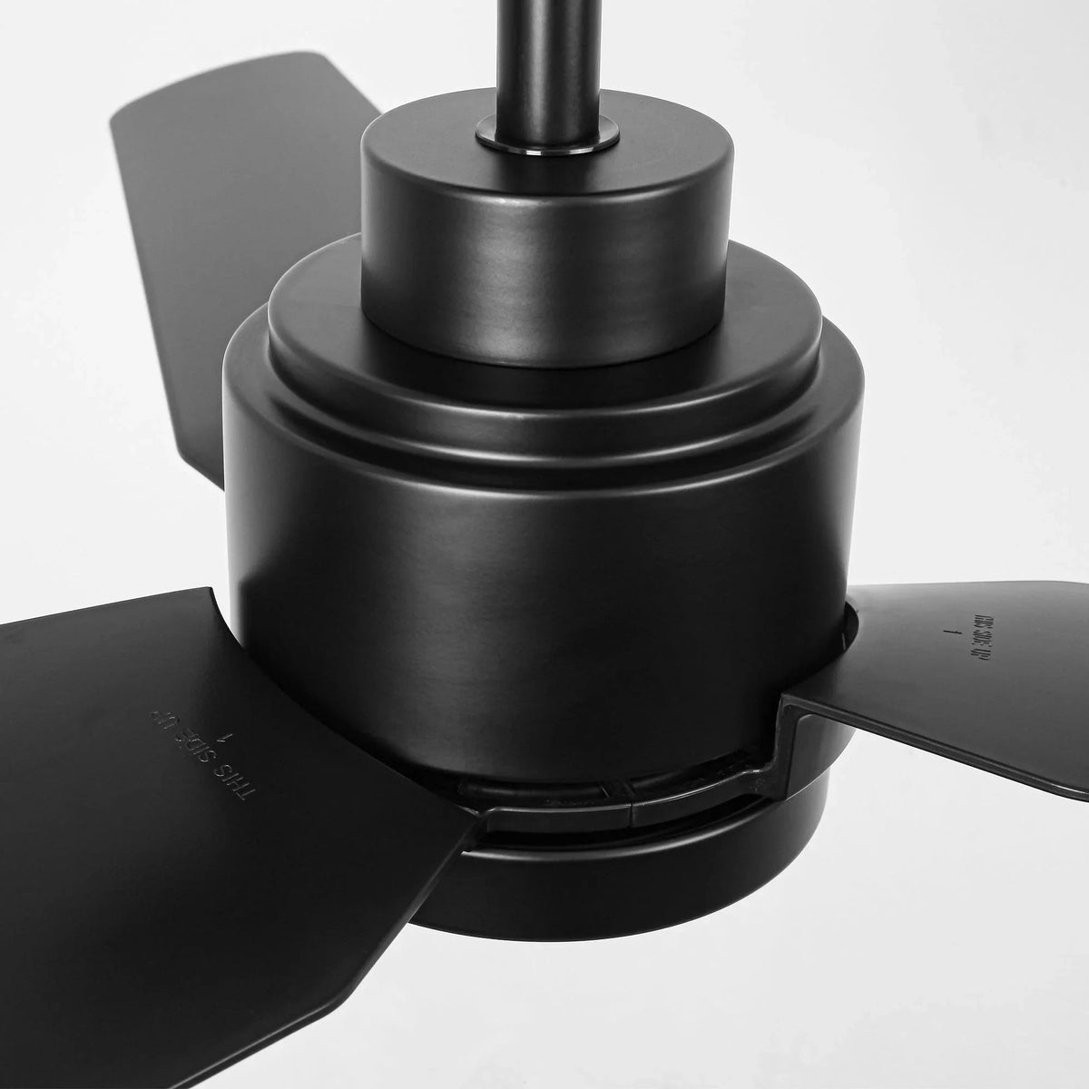 Close-up of black ceiling fan motor housing and blade hub assembly
