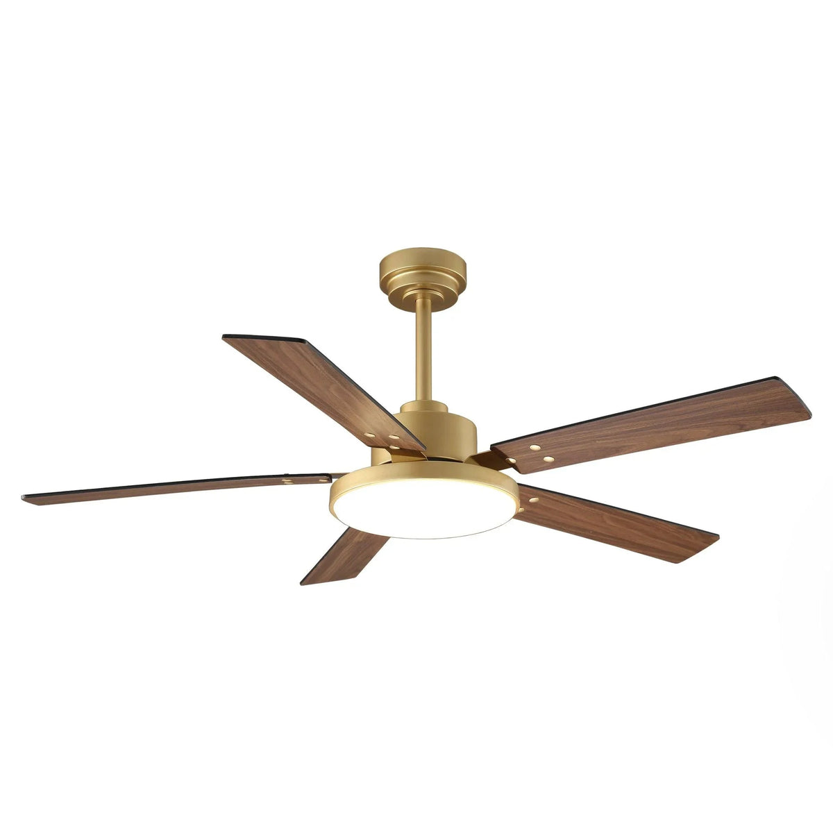 Ceiling fan with gold finish, five wood-tone blades, and small LED light panel