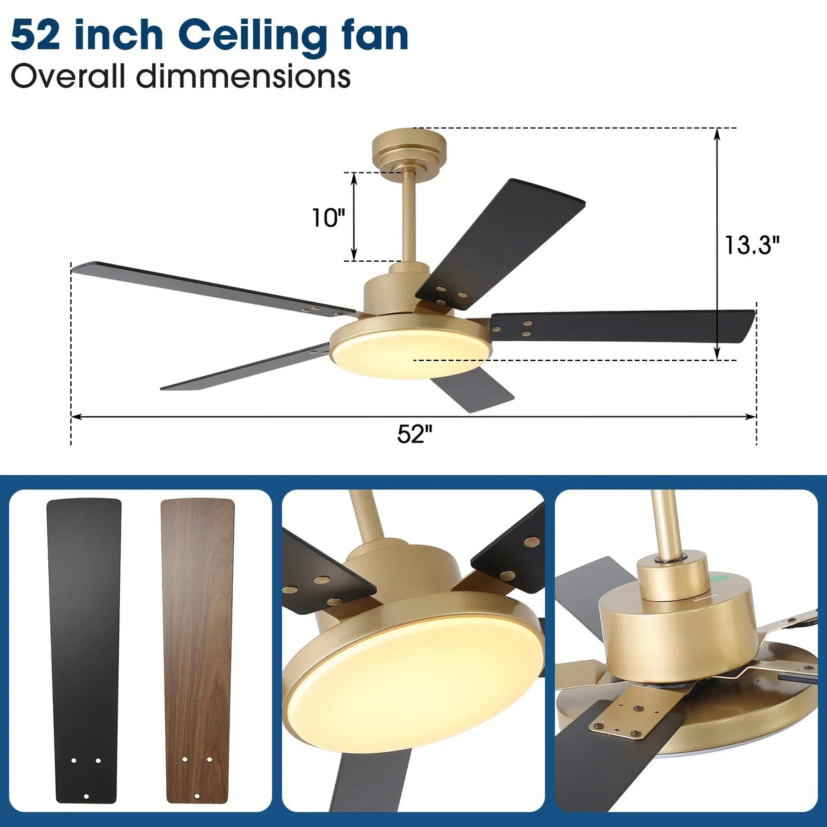 52-inch ceiling fan overview with LED light, gold body, and black reversible blades