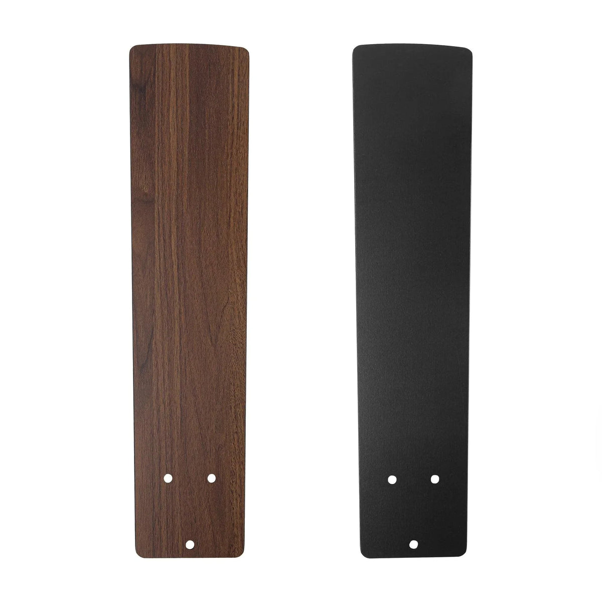 Ceiling fan blade panels, dark matte and dark wood-grain finish with mounting holes