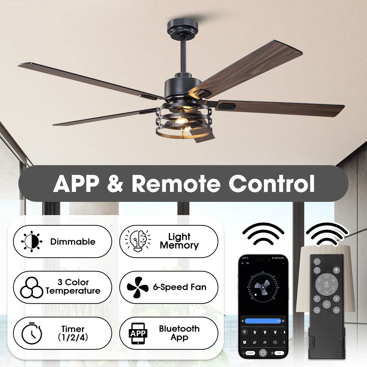Industrial ceiling fan with dark blades, integrated light, and remote control