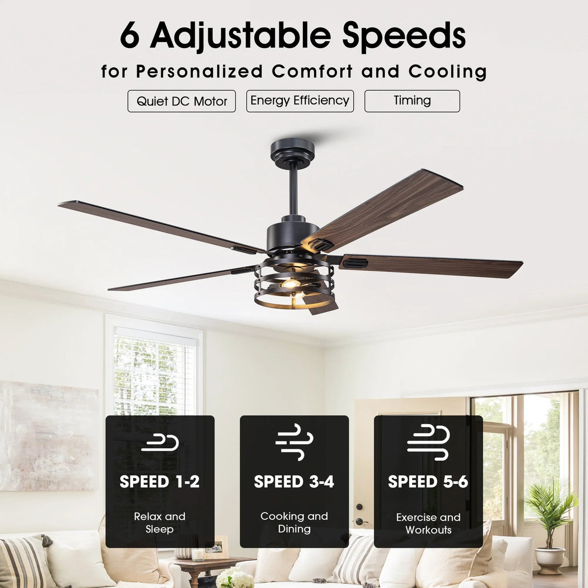 Ceiling fan with 6 adjustable DC motor speeds for comfort and cooling
