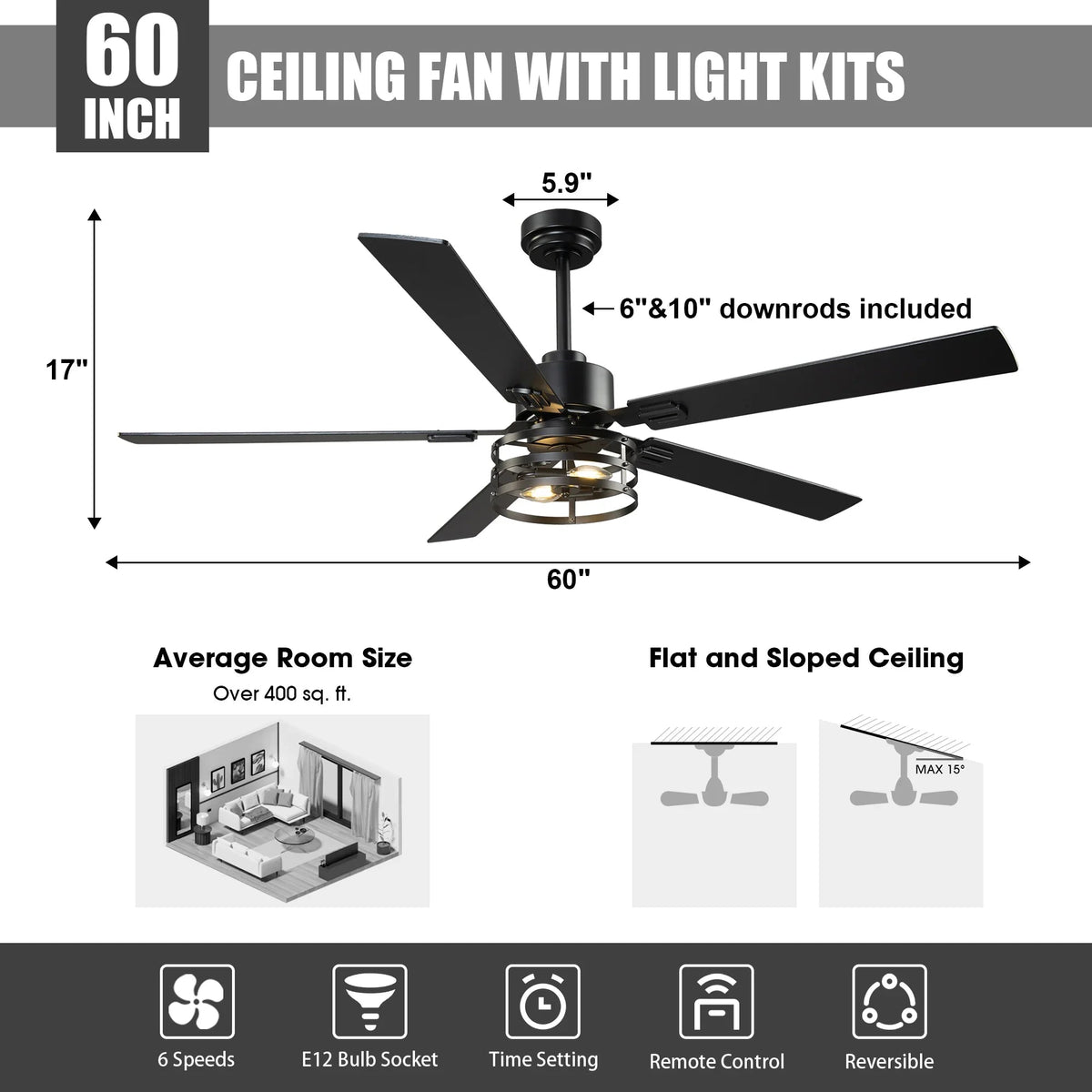 60 in ceiling fan with light kits, 6-speed control features, and remote icons