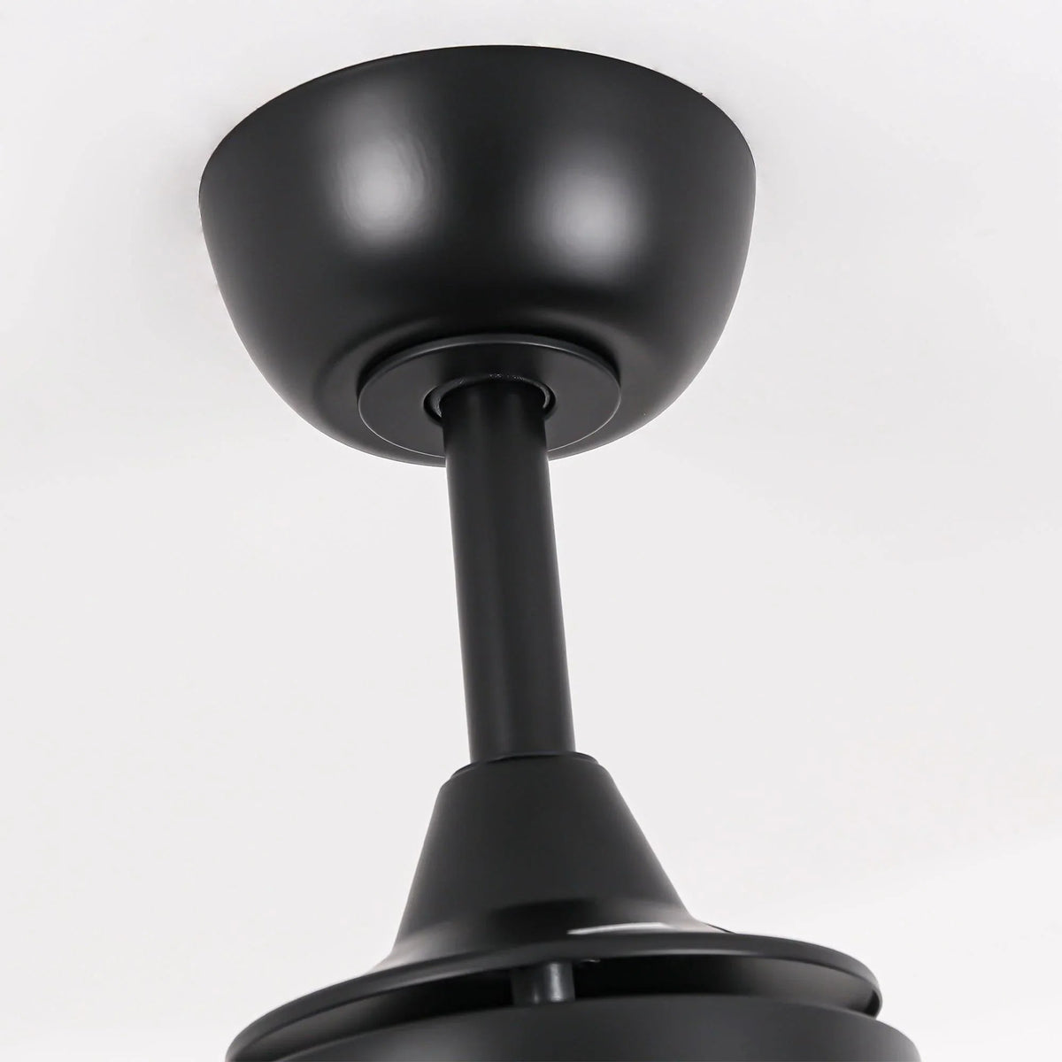 Black ceiling fan downrod and canopy assembly, centered close-up