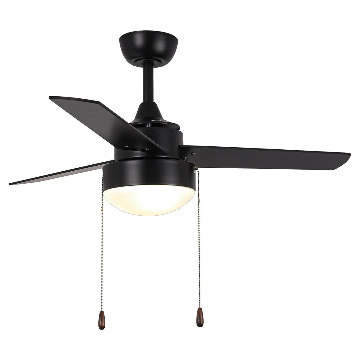 Black 3-blade ceiling fan with frosted light globe and pull chains