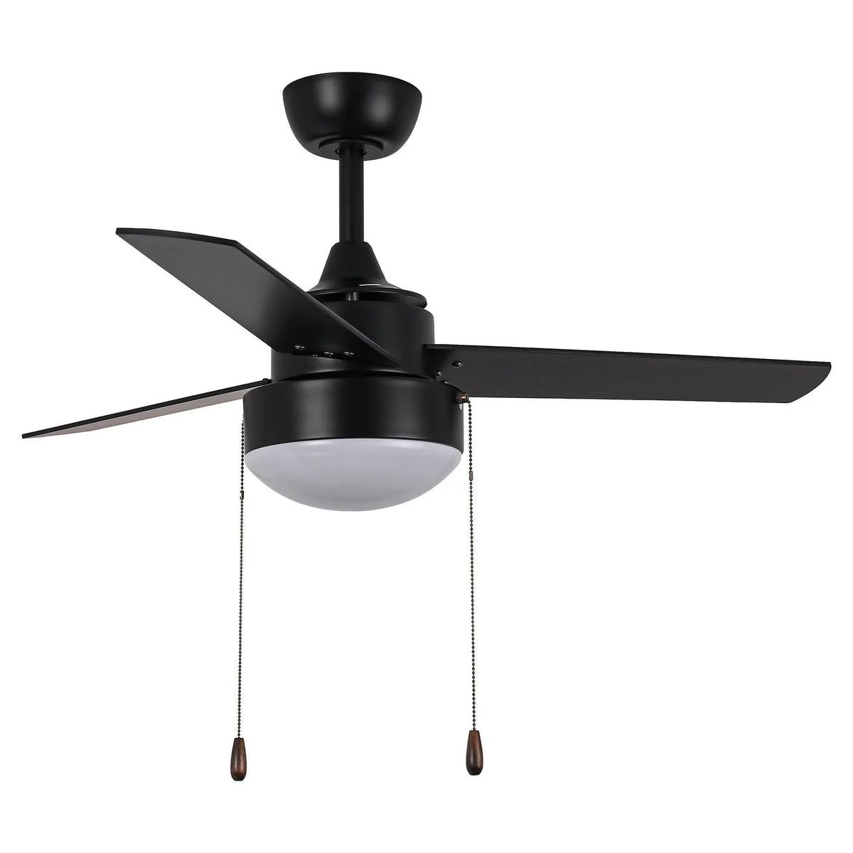 Black 3-blade ceiling fan with frosted light bowl and two pull chains