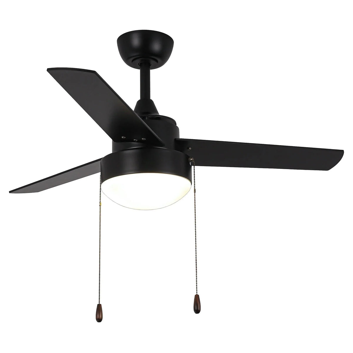 Black 3-blade ceiling fan with frosted light globe and pull-chain cords