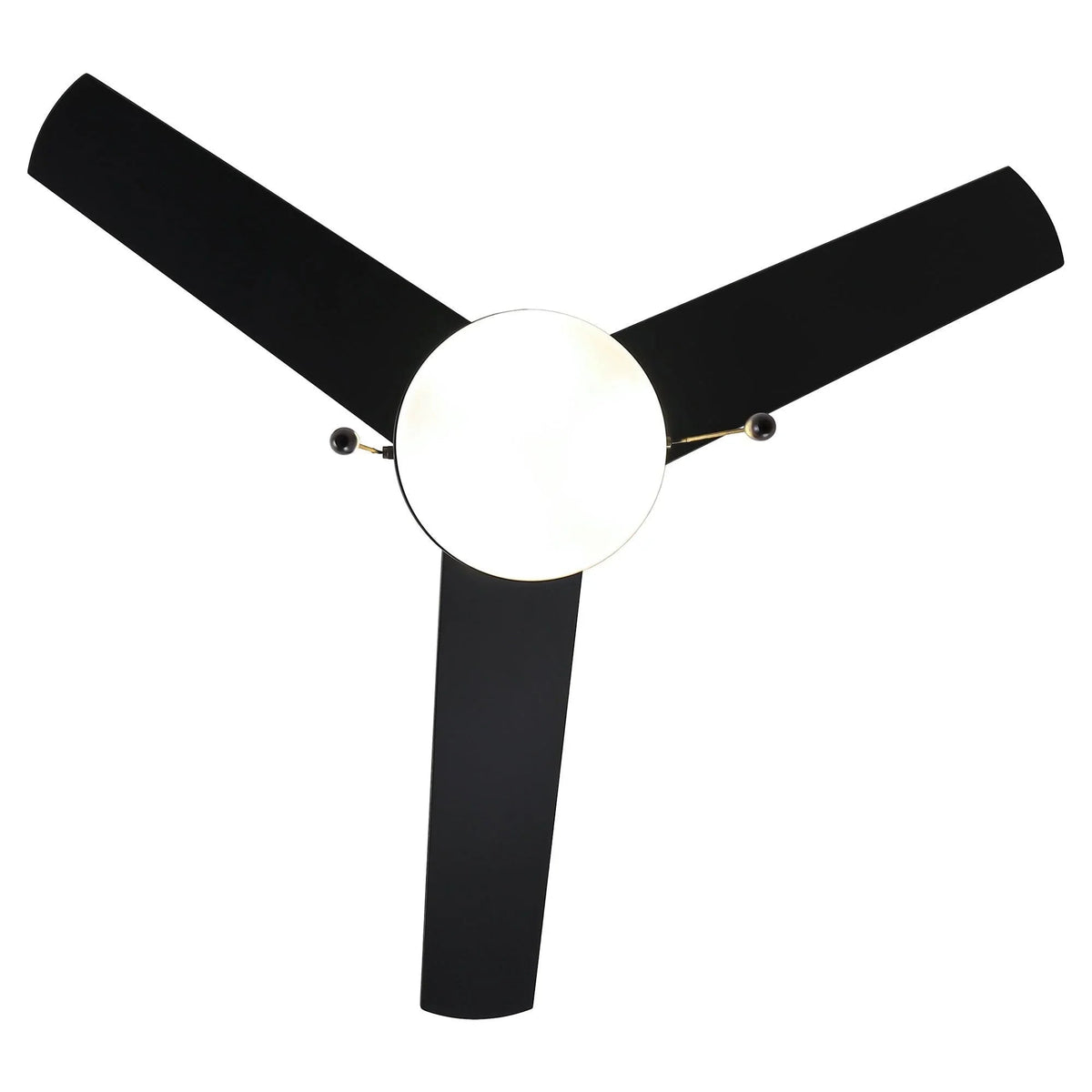 Black 3-blade ceiling fan with round frosted light and pull-chain cords