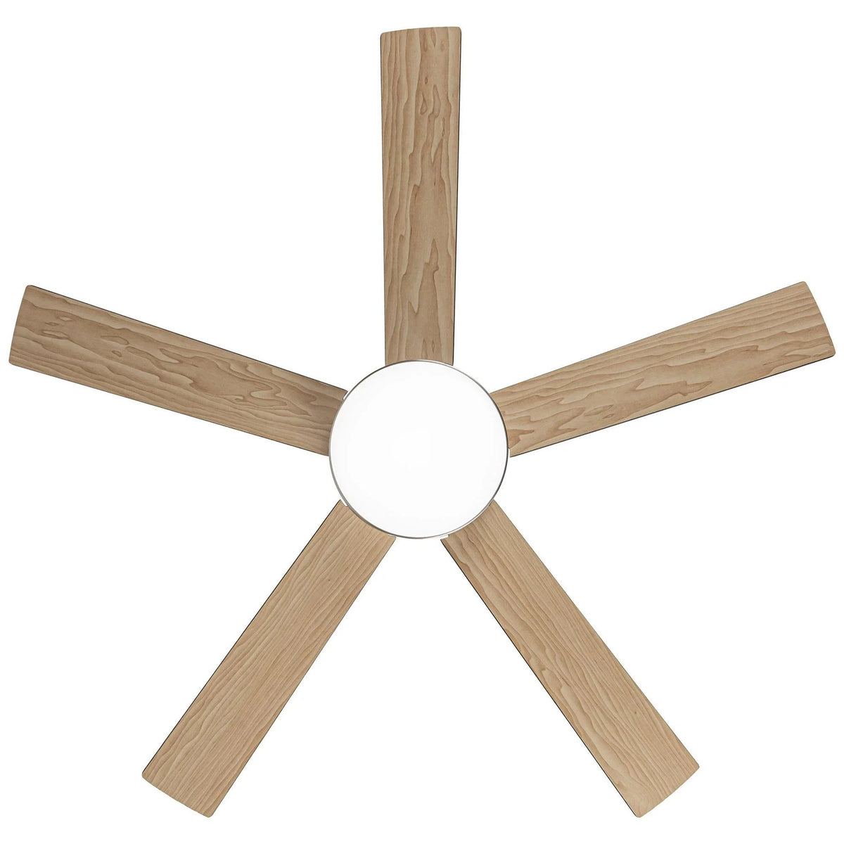 Ceiling fan with five light wood blades and a white LED light globe