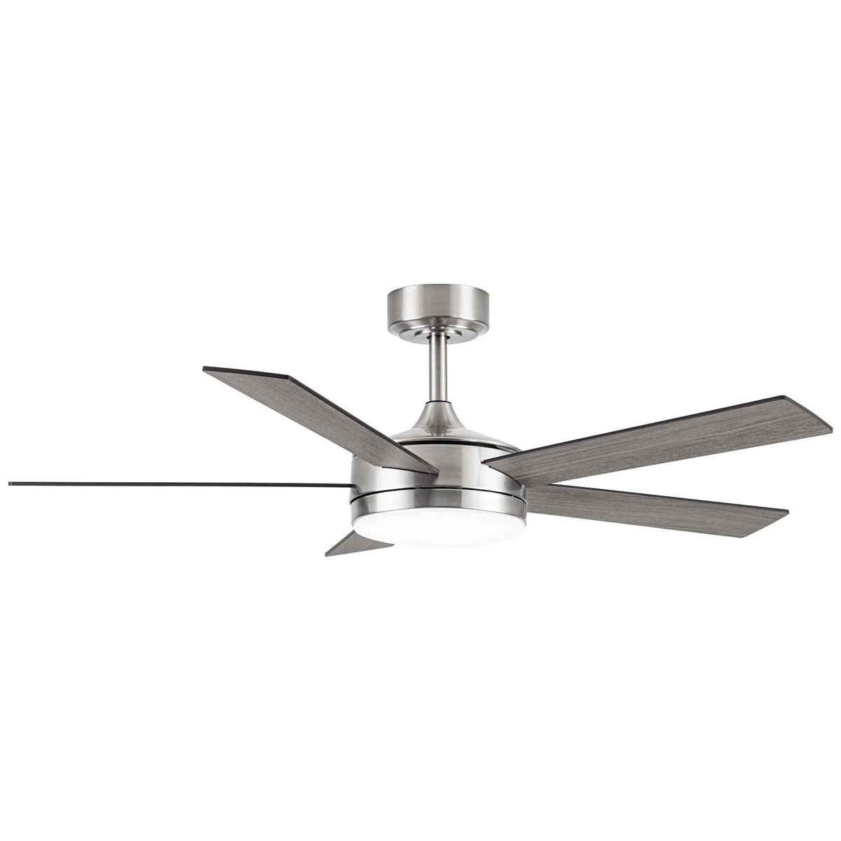 Industrial DC motor ceiling fan with five gray blades and a round LED light