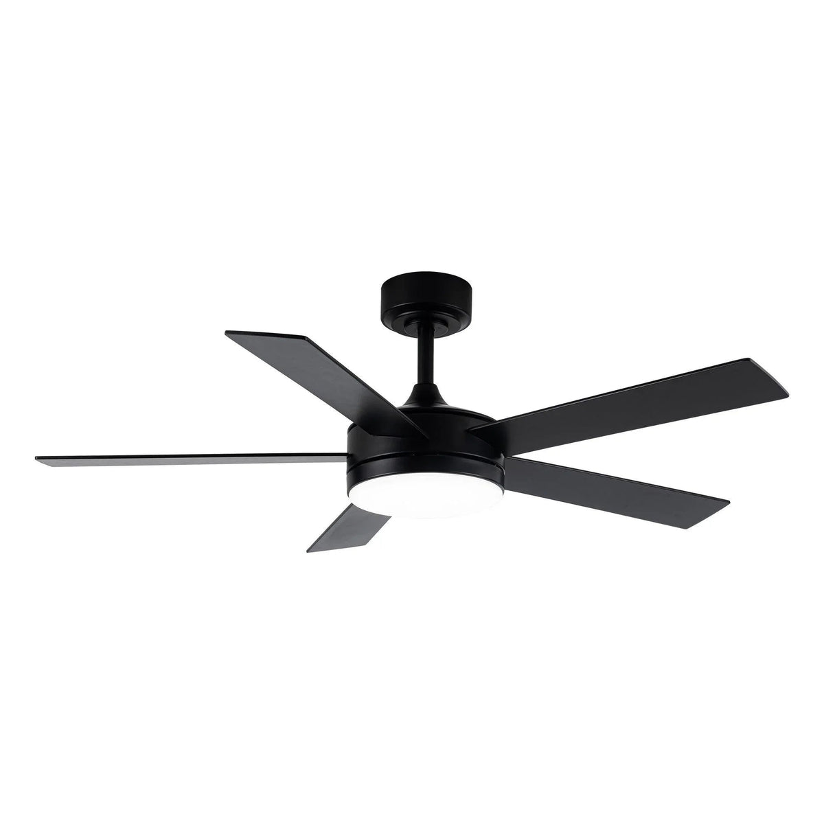 Black industrial ceiling fan with LED light and five blades