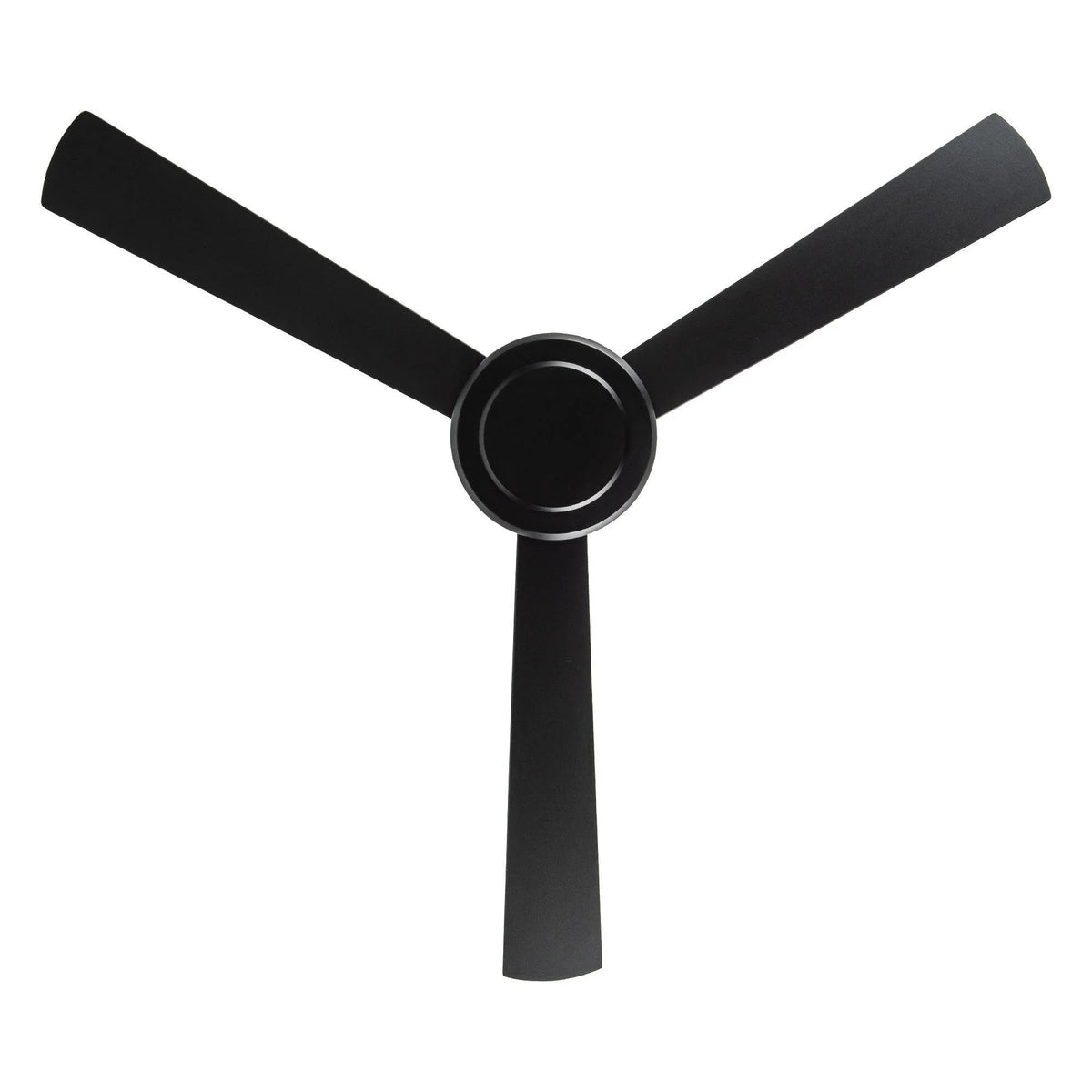 Black 3-blade ceiling fan with round hub and three evenly spaced blades.