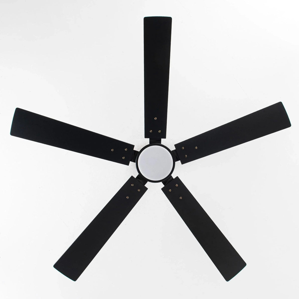 Top view of black ceiling fan with 5 blades and circular LED light cover