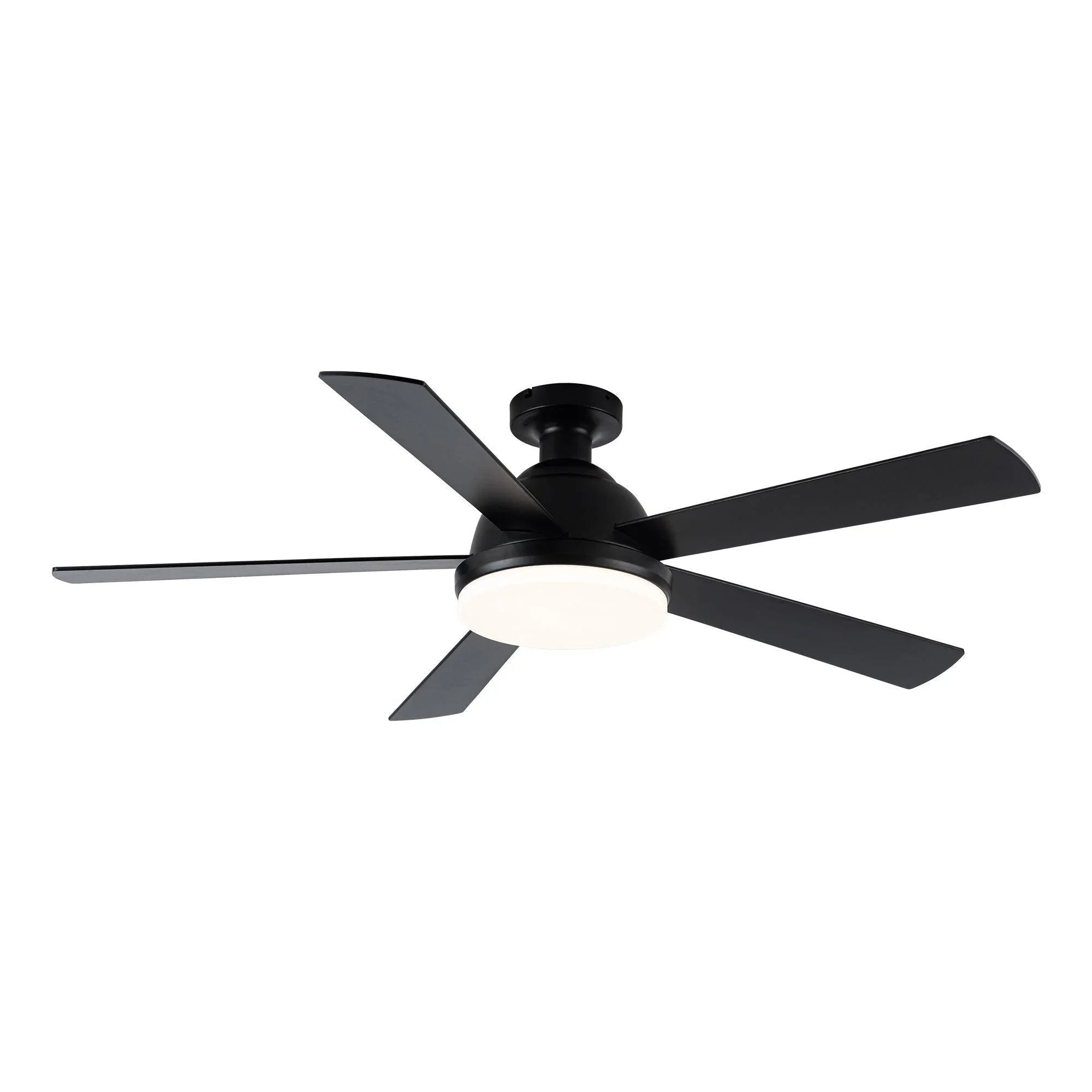 Black 52-inch ceiling fan with LED light and four dark blades