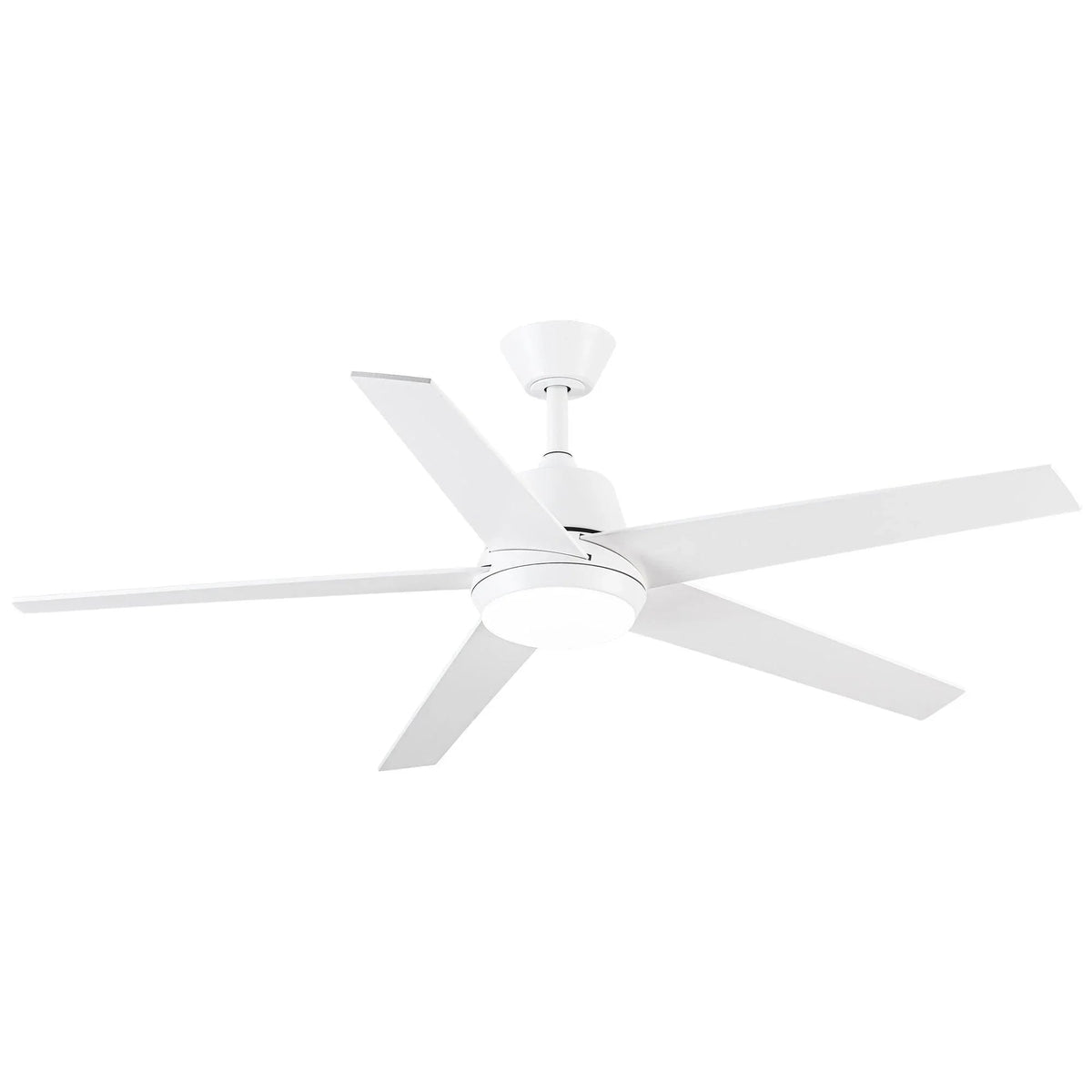 White ceiling fan with five blades and integrated LED light under the cap
