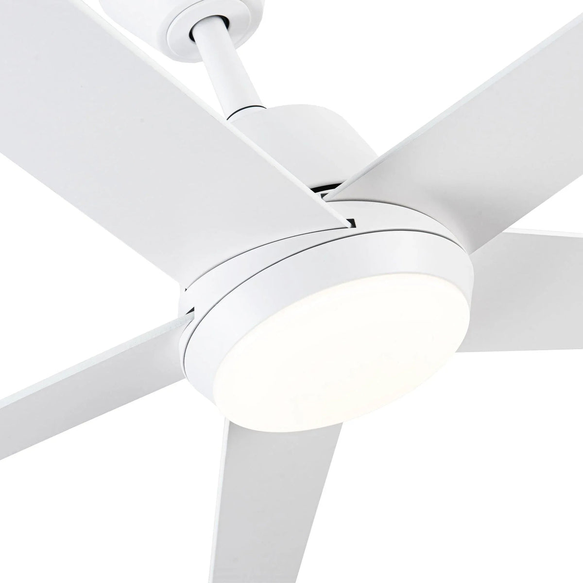 White ceiling fan with LED light and five white blades, close-up underside view