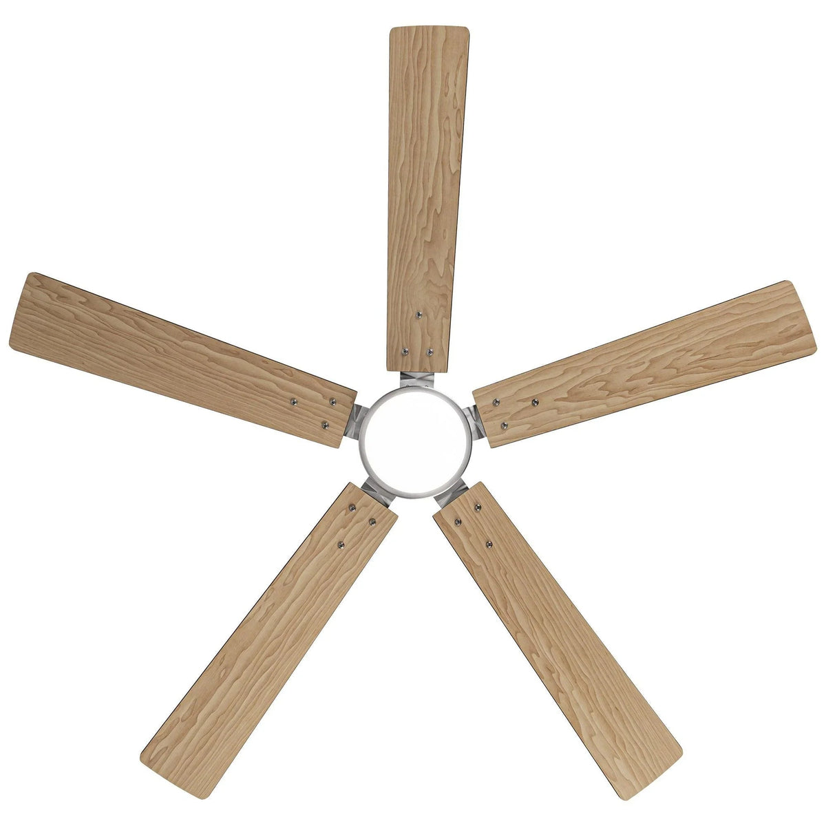 Ceiling fan with silver housing, five light wood blades, and frosted light ring