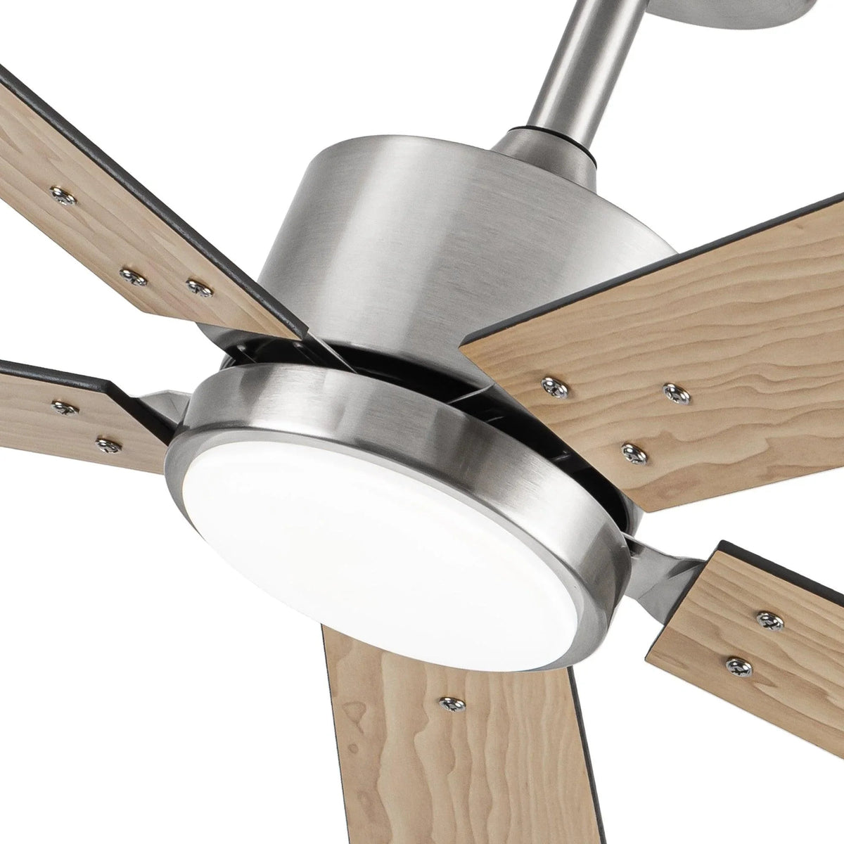 Ceiling fan with brushed nickel motor, wood blades, and illuminated frosted light