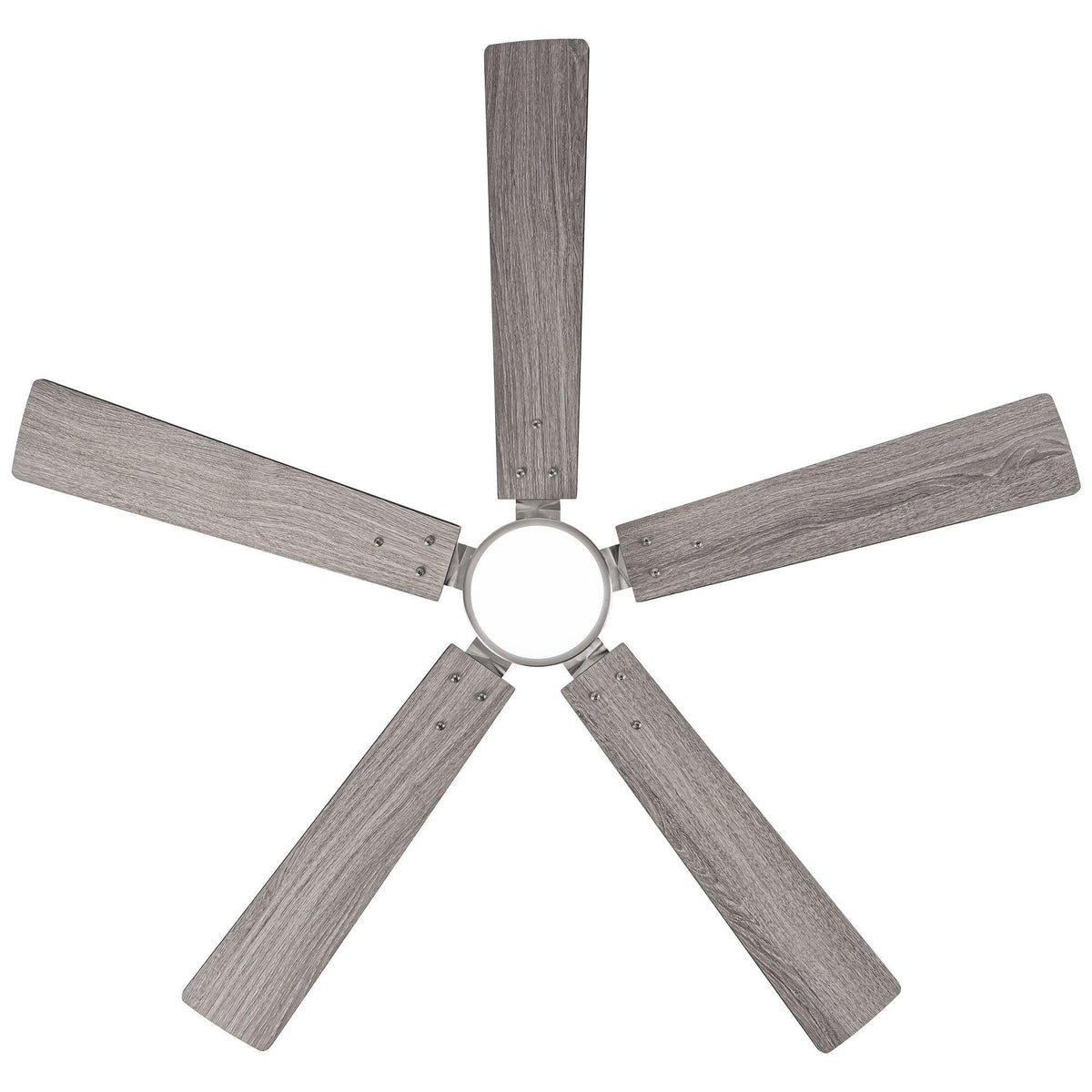 Ceiling fan with brushed metal housing, five gray blades, and frosted light ring