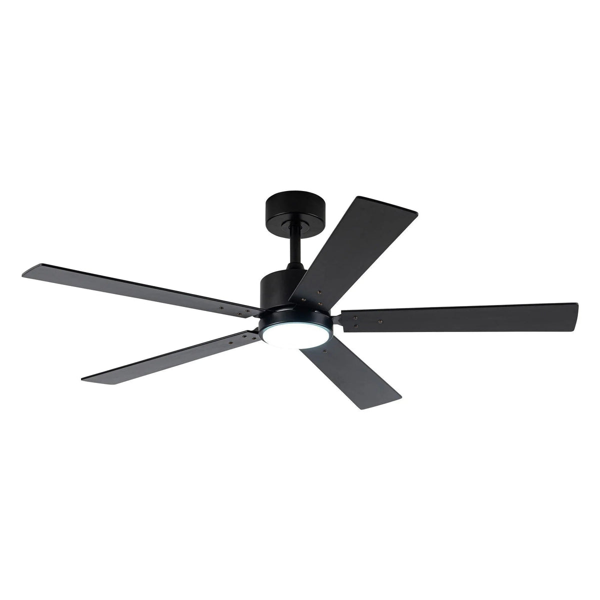 Black ceiling fan with five dark blades and frosted light panel