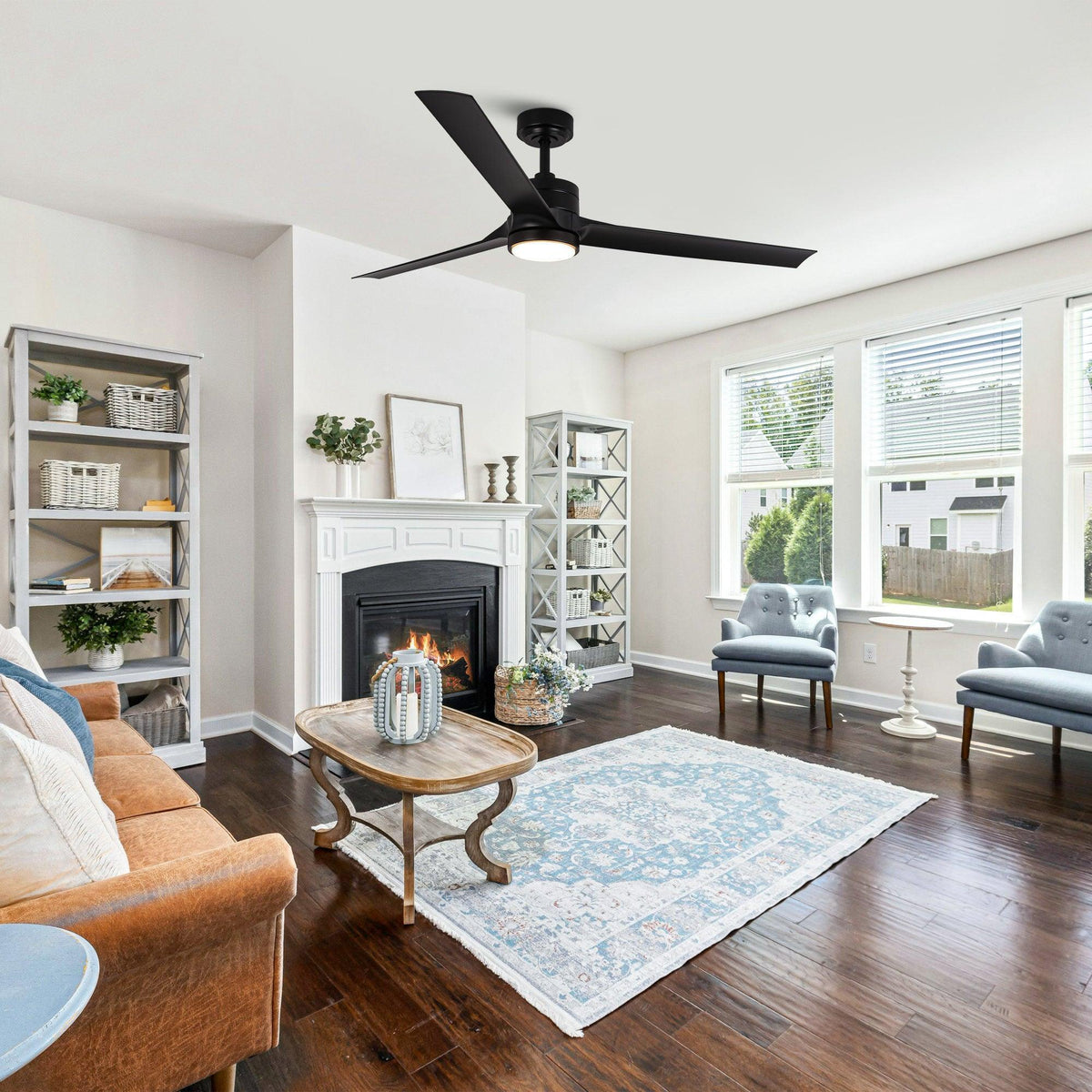 Black 60-inch ceiling fan with five blades and illuminated LED light on ceiling mount