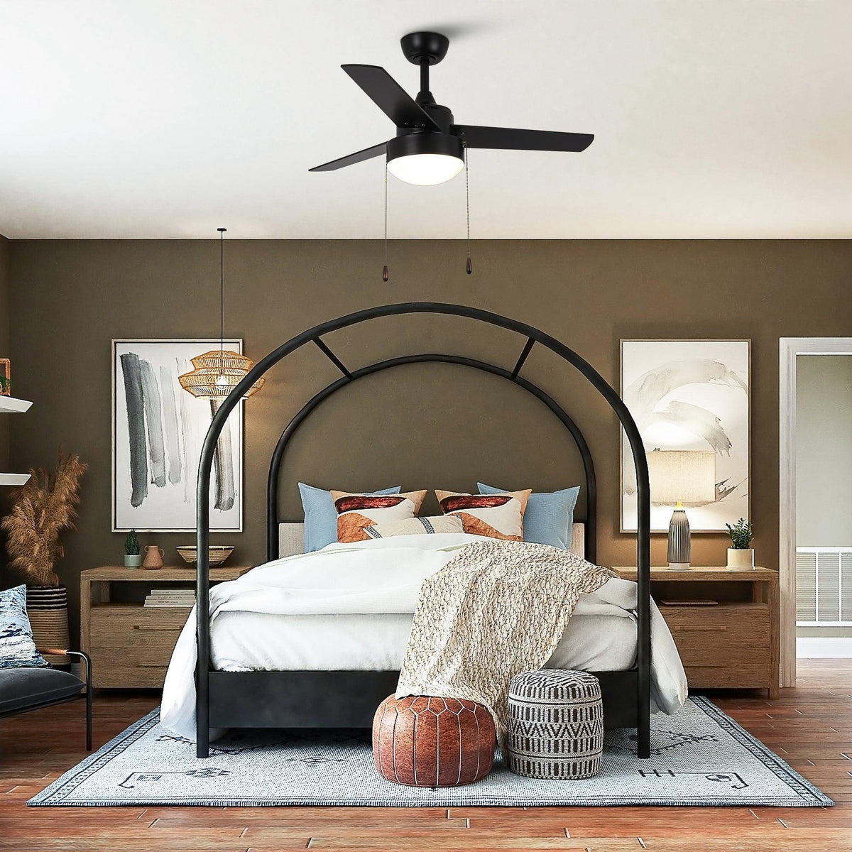Black 3-blade ceiling fan with frosted light globe and pull chains (in room)