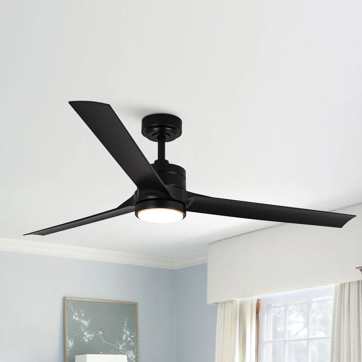 Black 60-inch ceiling fan with five blades and illuminated LED light