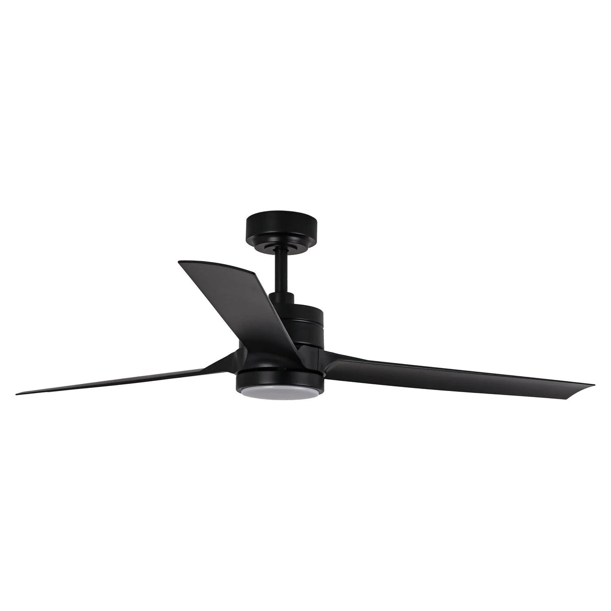 Black industrial ceiling fan with five blades and integrated LED light