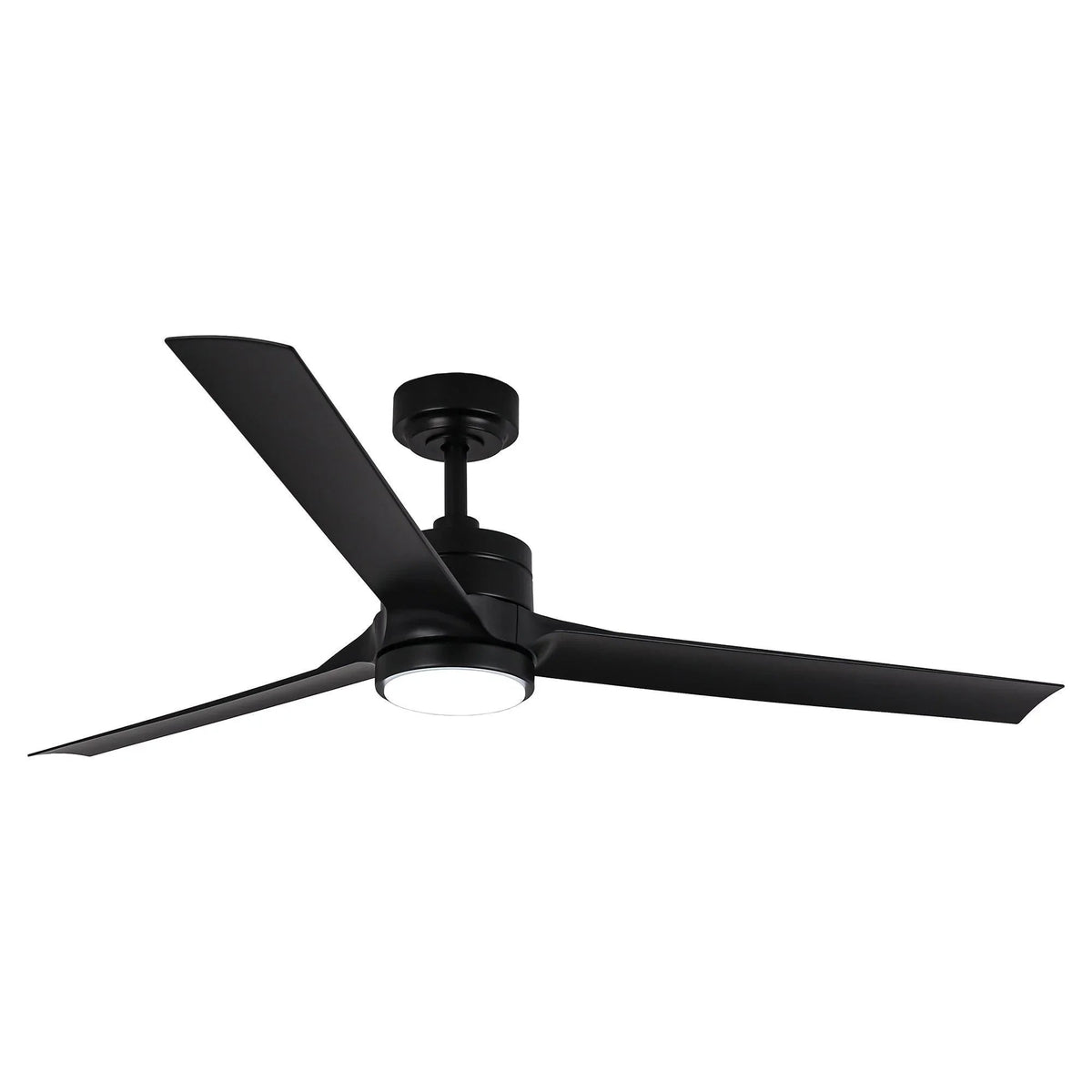 Black industrial ceiling fan with five blades and LED light housing, three-quarter view