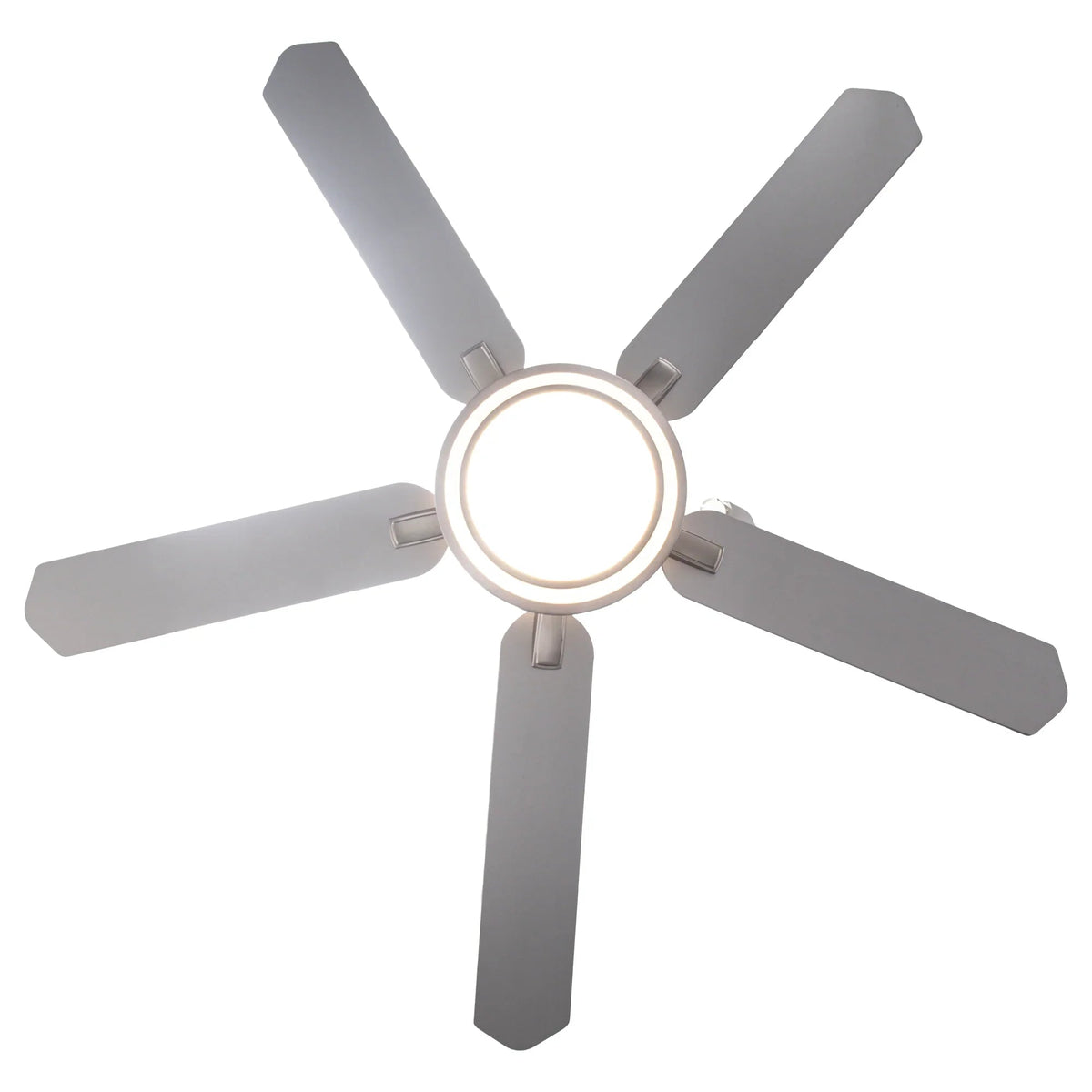 Top view of satin nickel flush mount LED ceiling fan with five gray blades and lit ring light