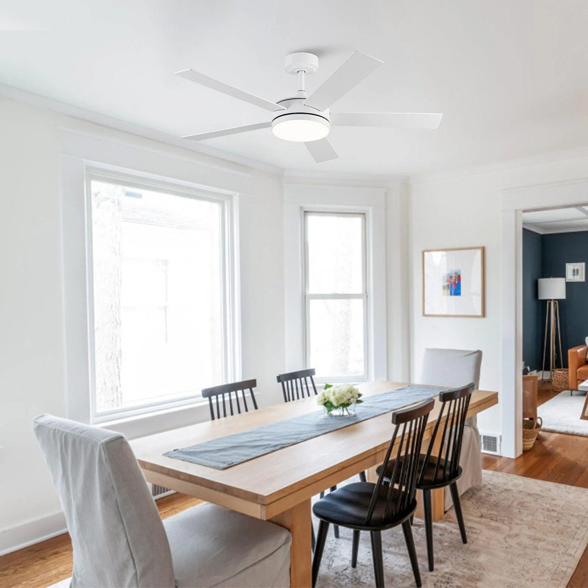 White 5-blade ceiling fan with round LED light fixture