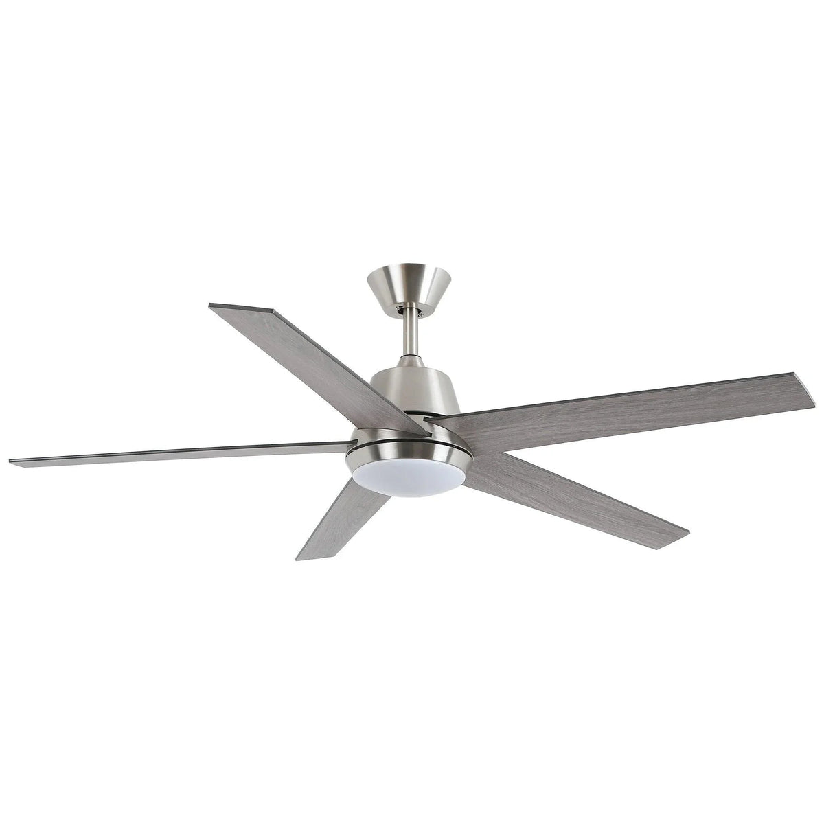 Ceiling fan with five gray blades, brushed nickel housing, and LED light