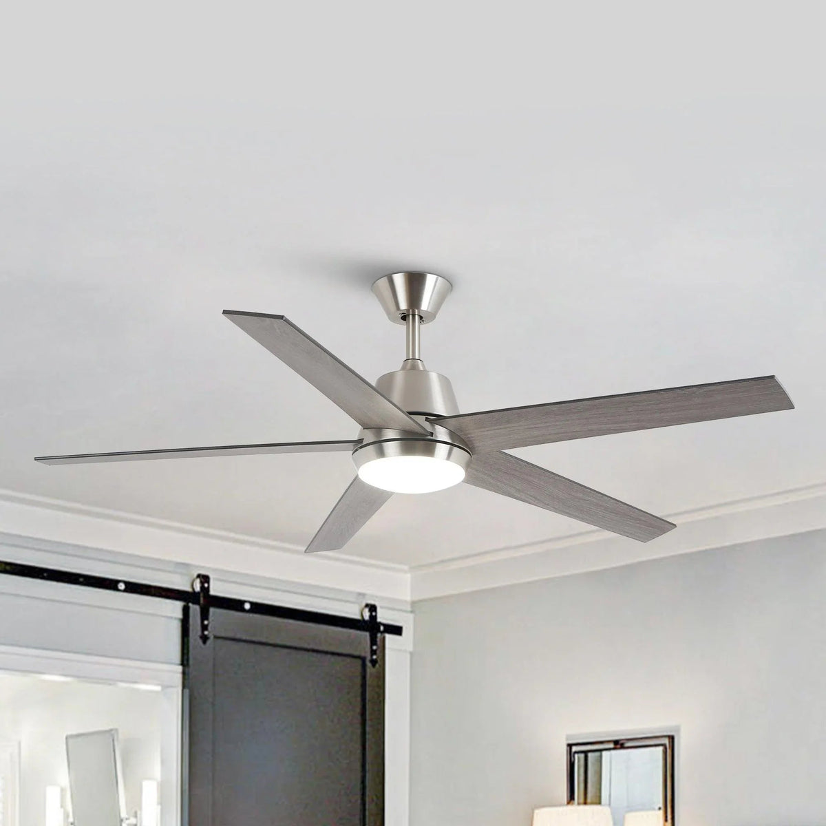 Brushed nickel ceiling fan with LED light and five gray wood blades