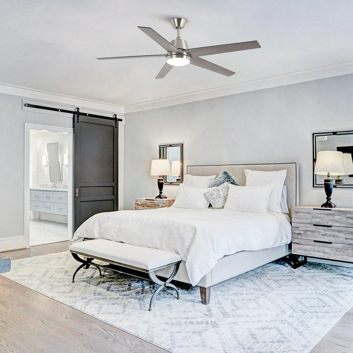 Brushed nickel ceiling fan with LED light and five gray wood blades