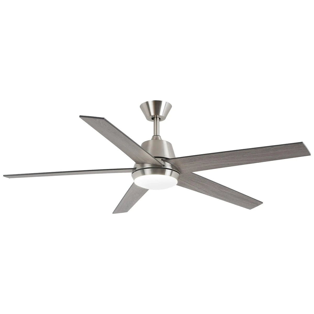 Brushed nickel ceiling fan with LED light, five gray wood blades, front view