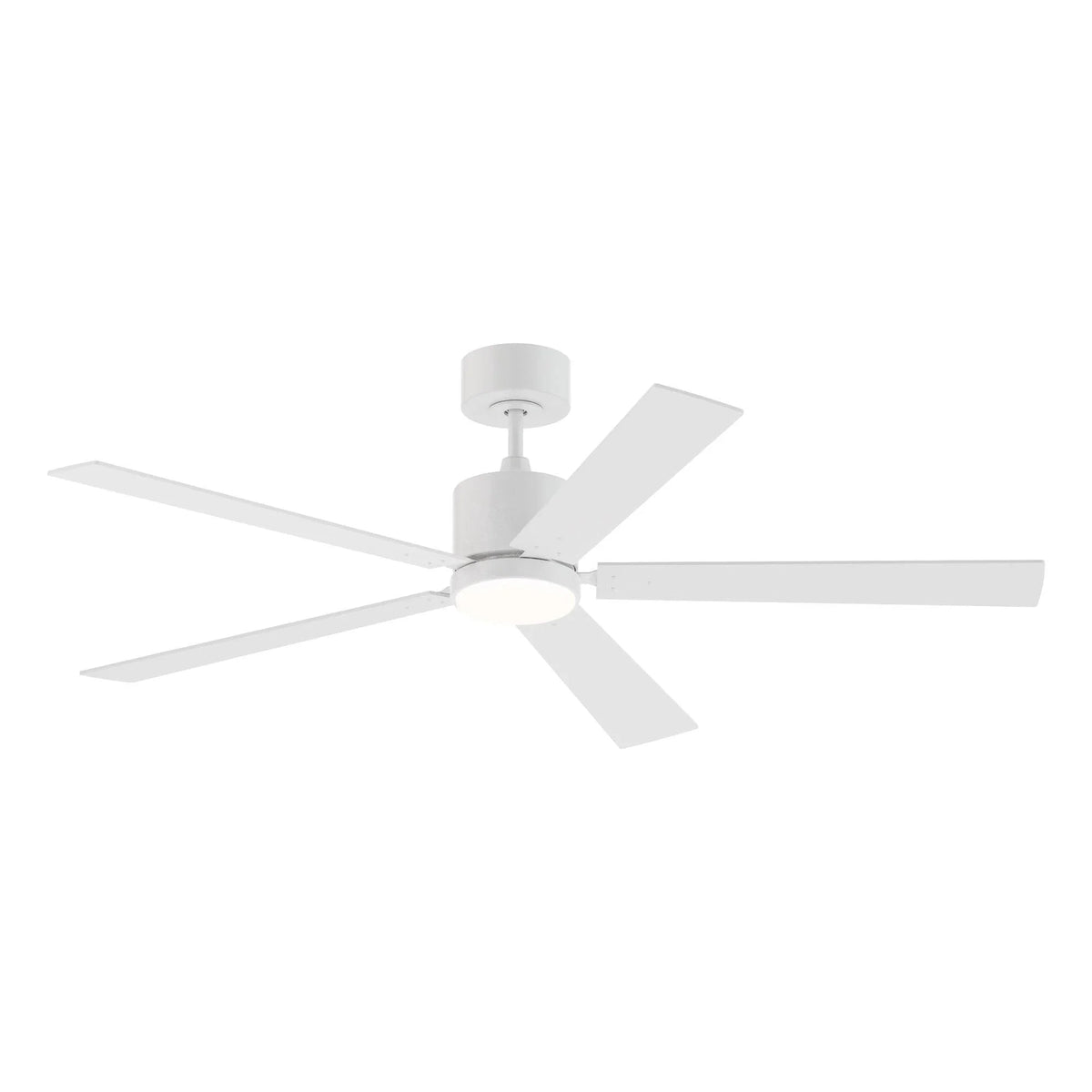 White ceiling fan with five blades and frosted light panel