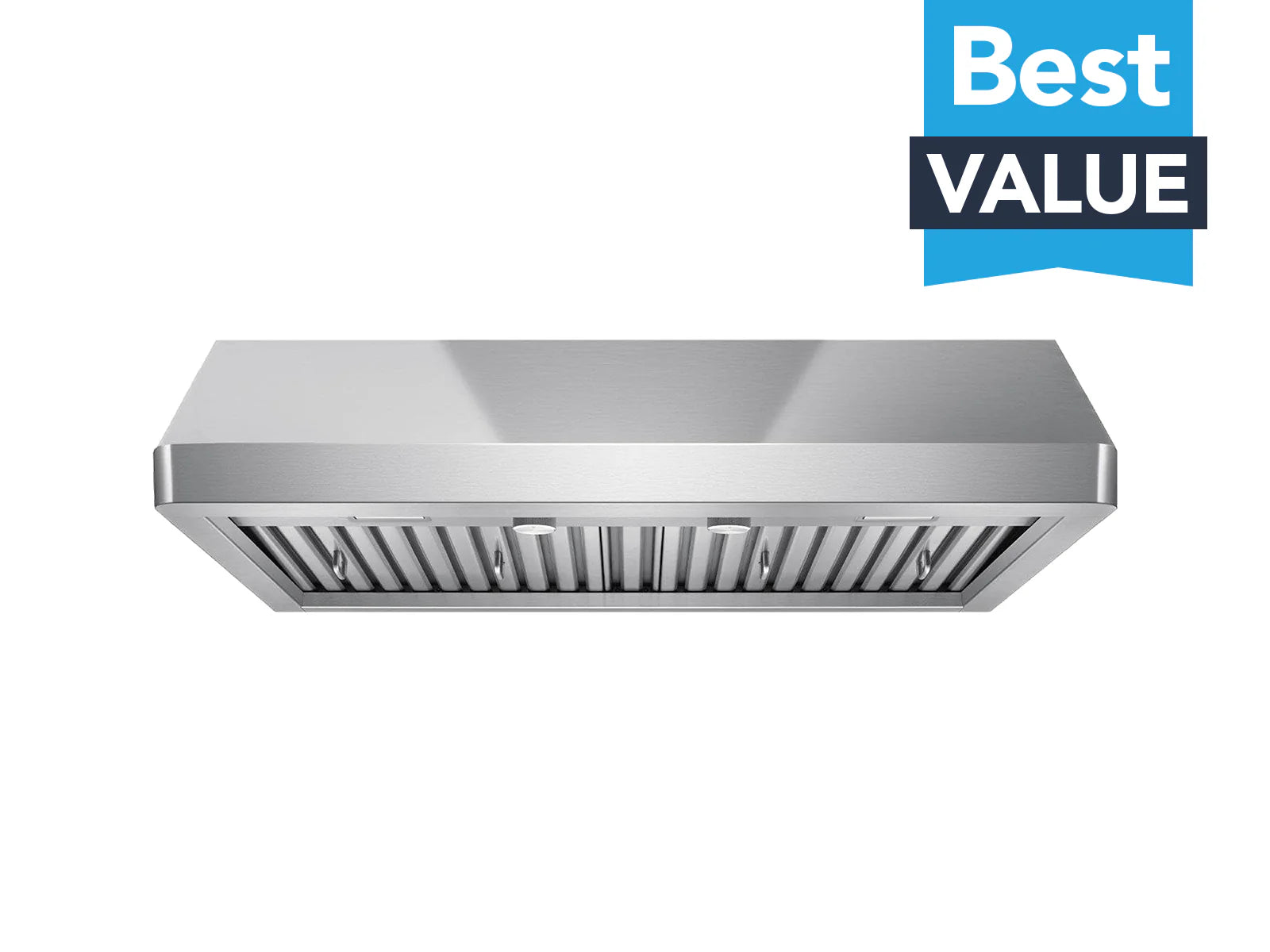 Stainless steel under-cabinet range hood underside with vent openings