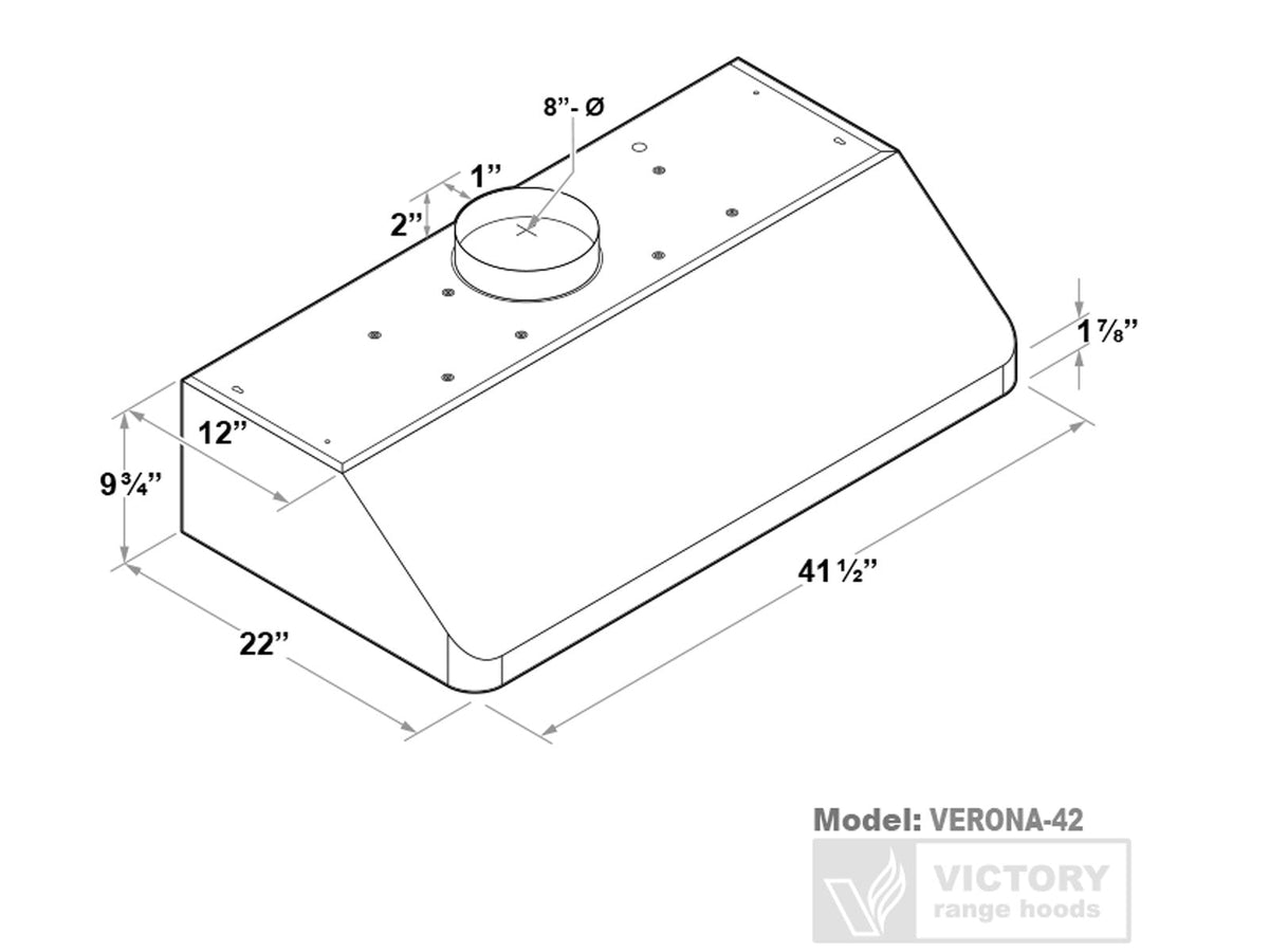Range hood dimensions diagram for VERONA-42, with duct opening and mounting points