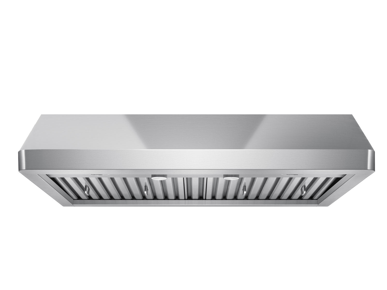 Stainless steel under-cabinet range hood with vented filter grille, front view