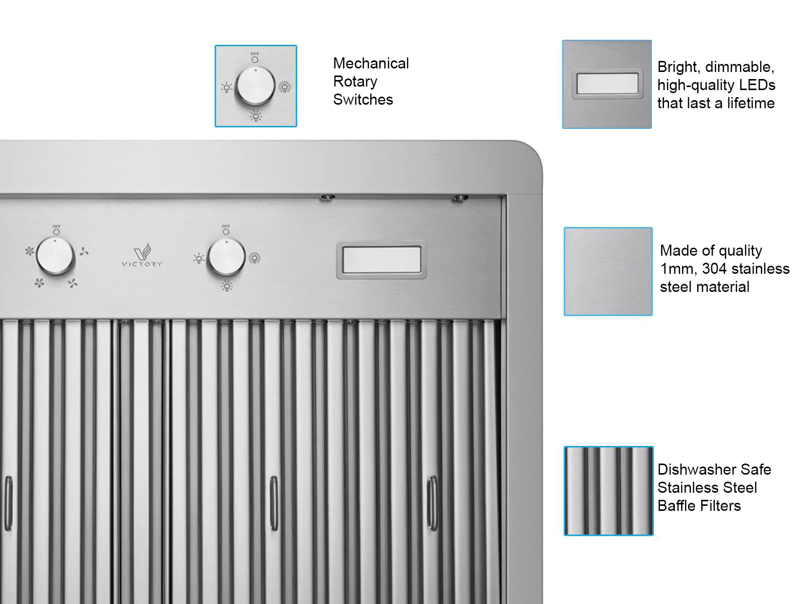 Stainless steel range hood front panel with mechanical rotary switches and filters