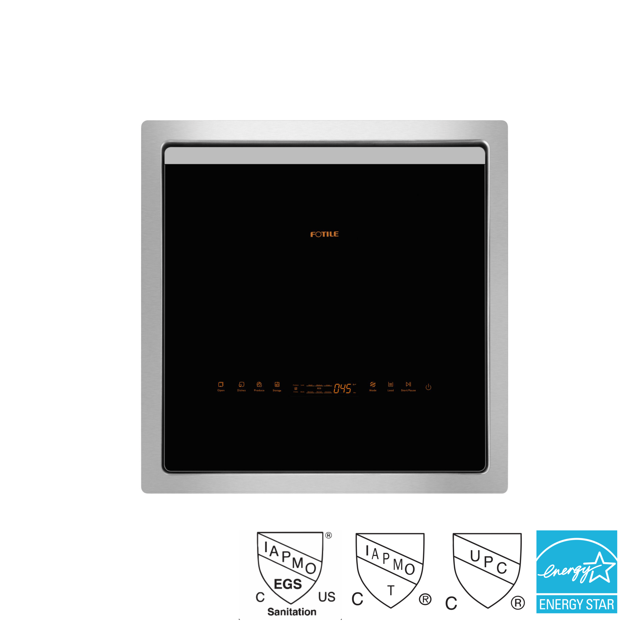 Stainless top-load dishwasher with black glass control panel and LED display