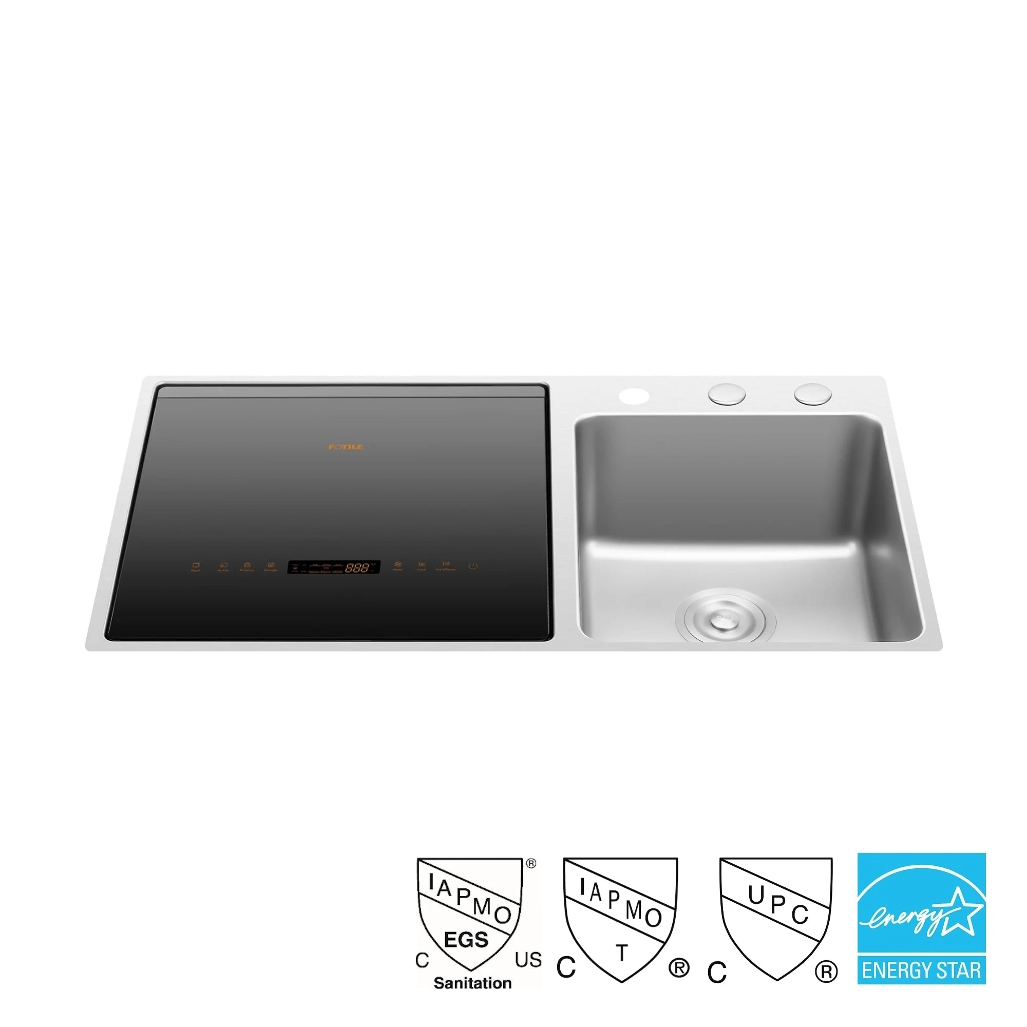 Fotile 3-in-1 in-sink dishwasher with dark control panel and right-side sink basin