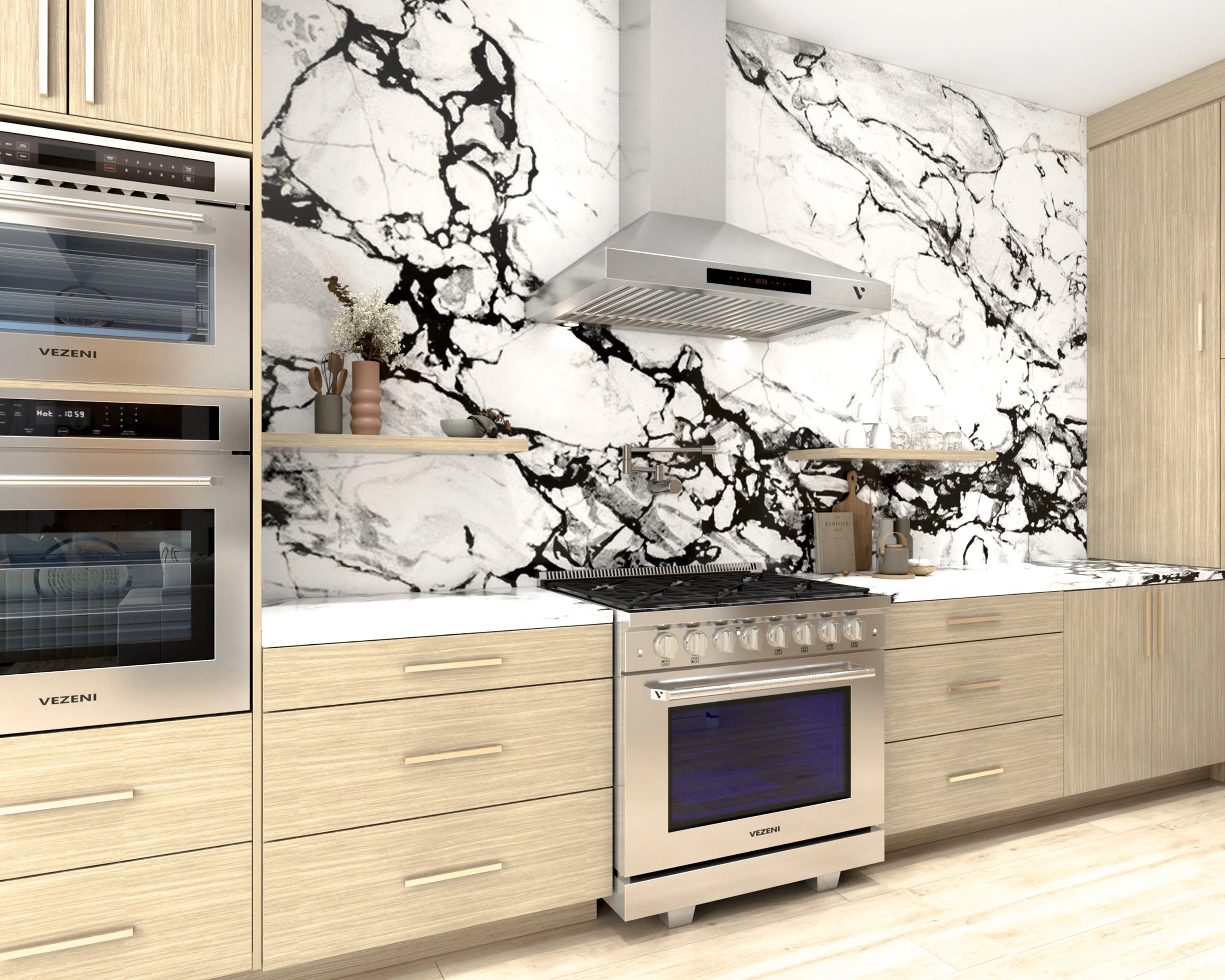 30-inch stainless steel gas range centered in kitchen, blue-accent oven door
