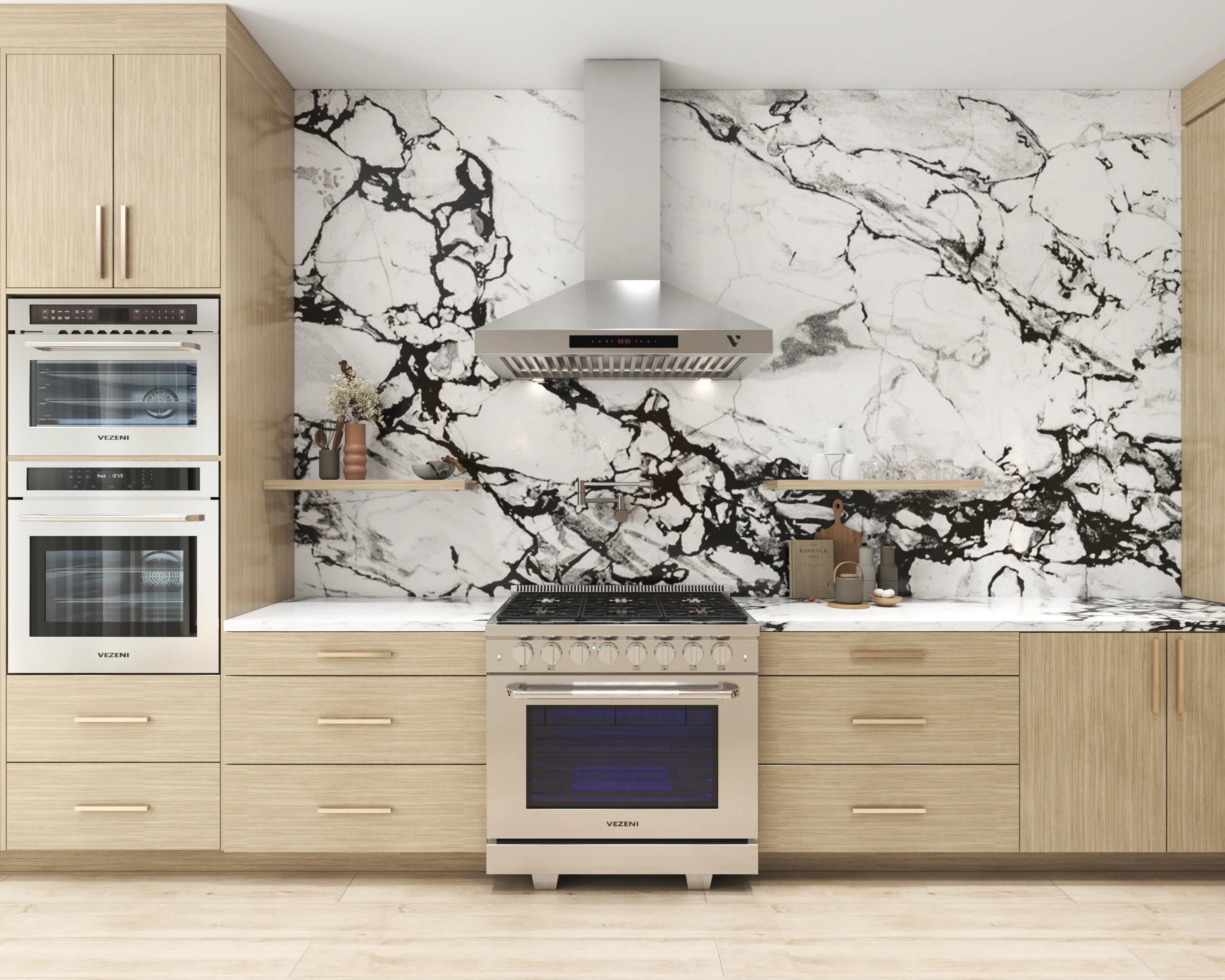 Stainless steel 30-inch gas range built into modern kitchen cabinetry with oven door