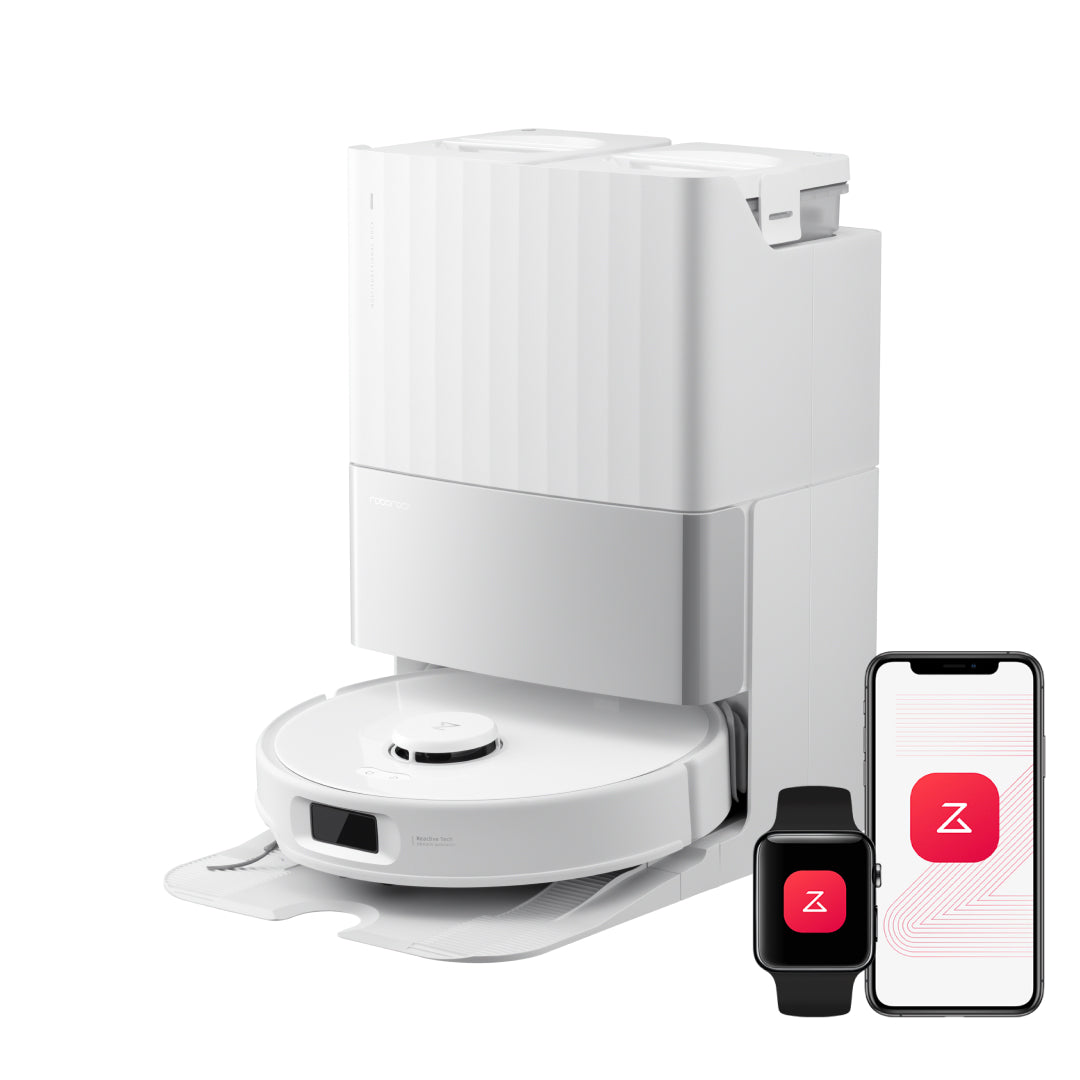 White robot vacuum dock station with robot base and smartphone control icons