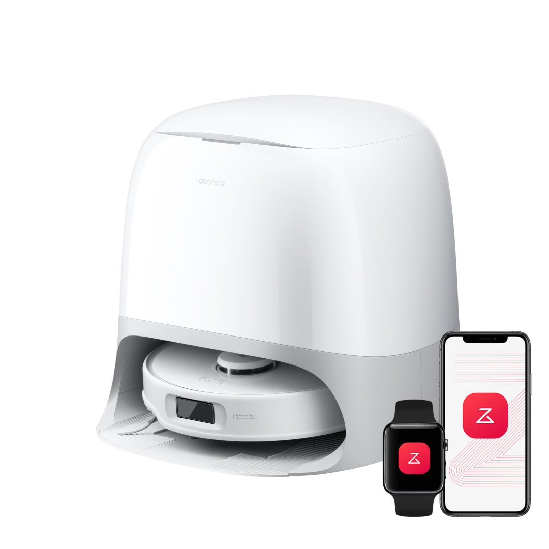 White robot vacuum with Multifunctional Dock 3.0 and companion app on phone screens